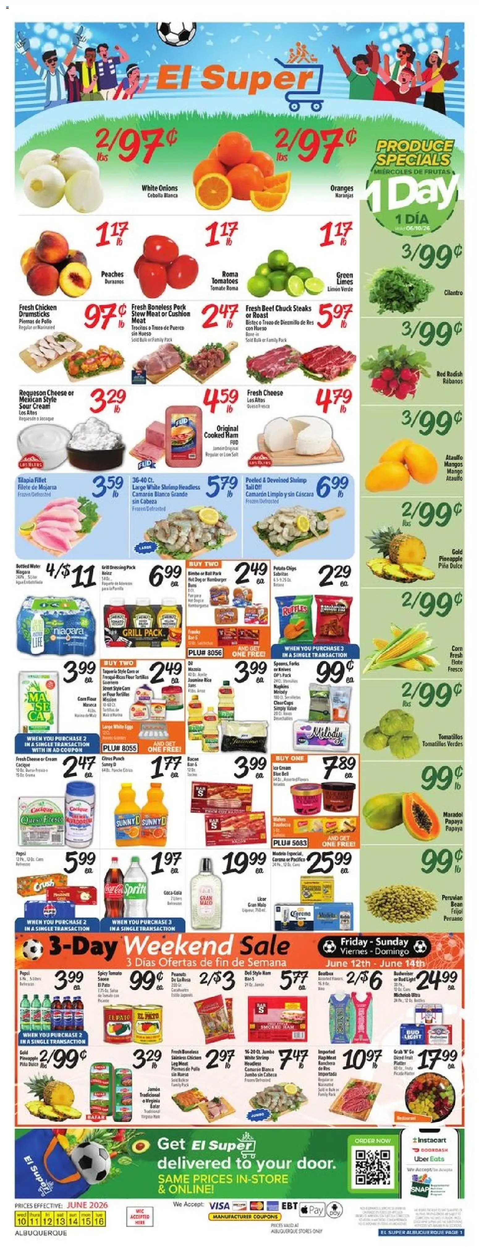 El Super Weekly Ad - NM - valid from 10.06.2026 | Page: 1 | Products: Corn, Peaches, Ham, Pork