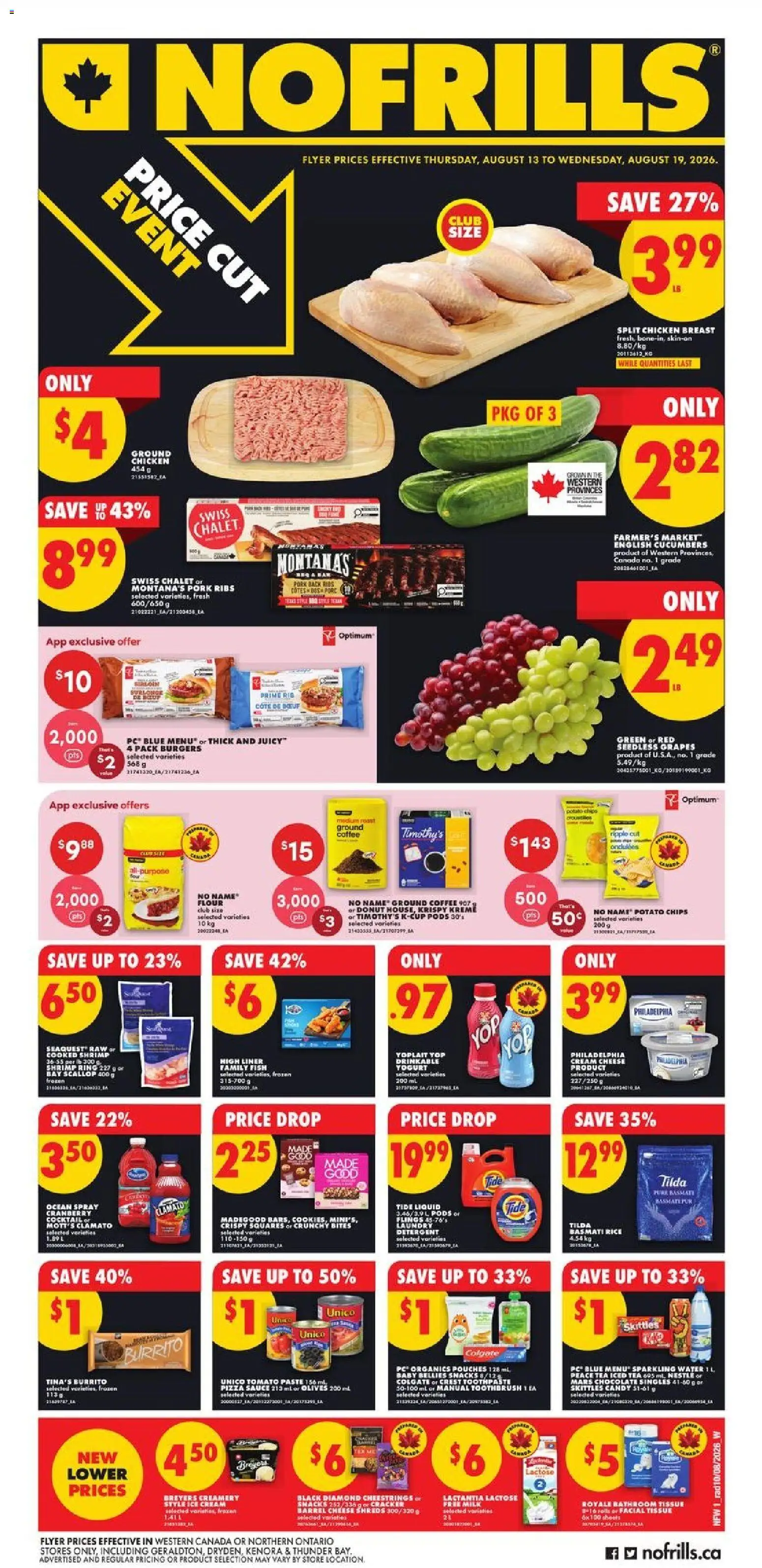 No Frills flyer valid from Aug 13, 2026 | Page: 1 | Products: Pork ribs, Frozen pizza, Cream cheese, Chicken breast