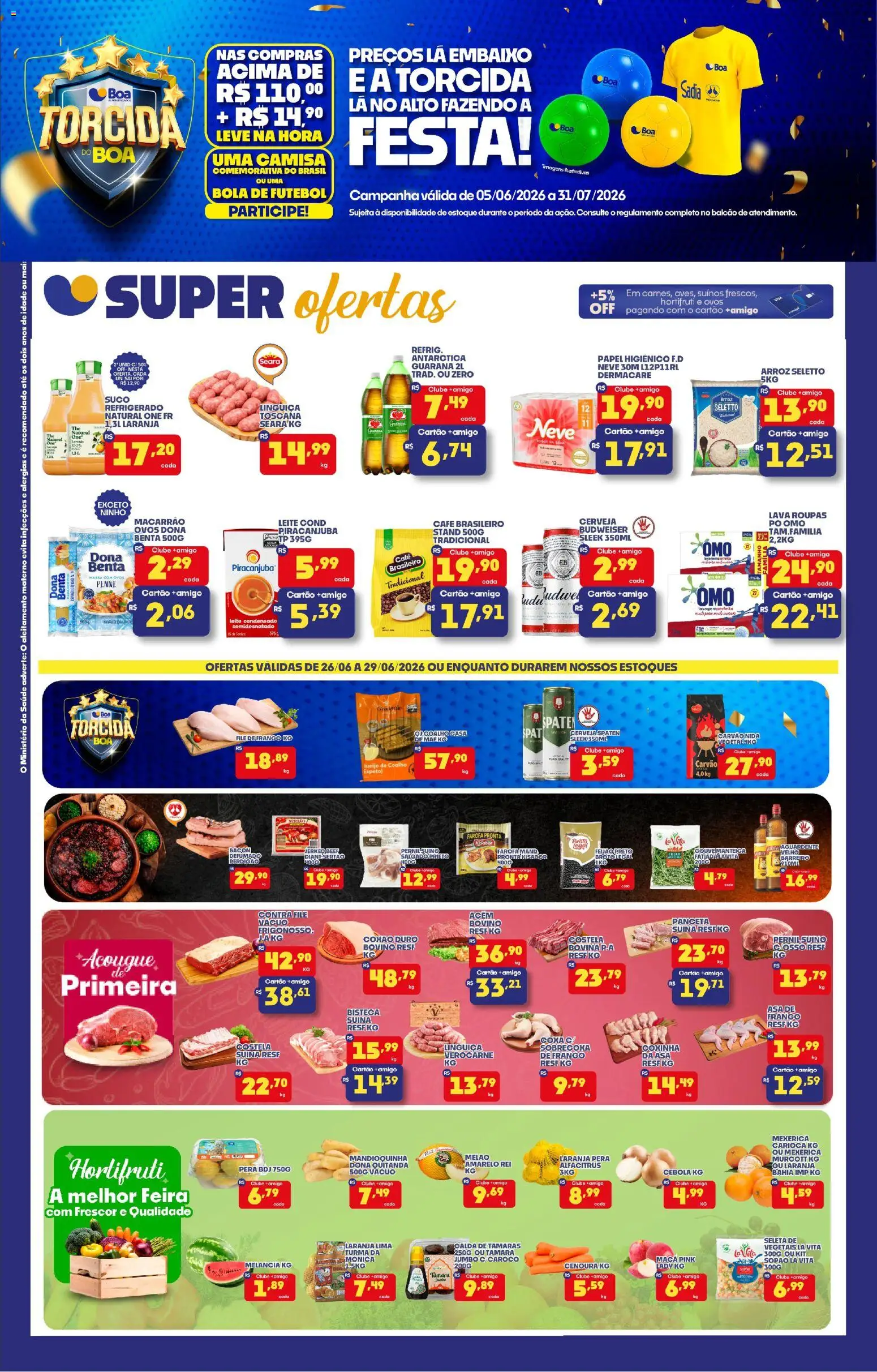 Boa Supermercados Folheto - válido de 26/06/2026 | Página: 1 | Produtos: Mexerica, Cebola, Linguiça, Leite