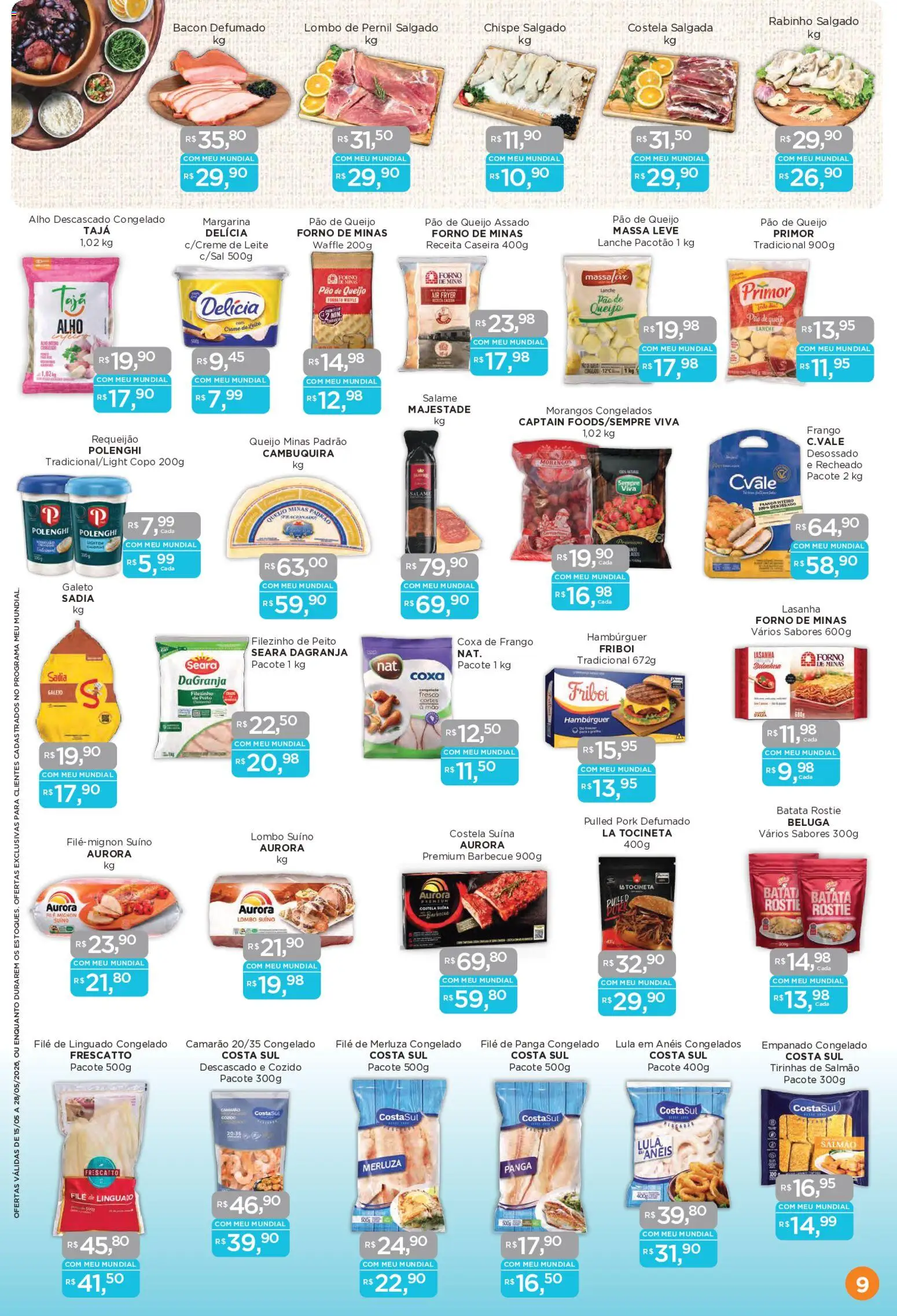 Mundial Folheto - válido de 15.05.2026 | Página: 9 | Produtos: Camarão, Pão, Salame, Hambúrguer