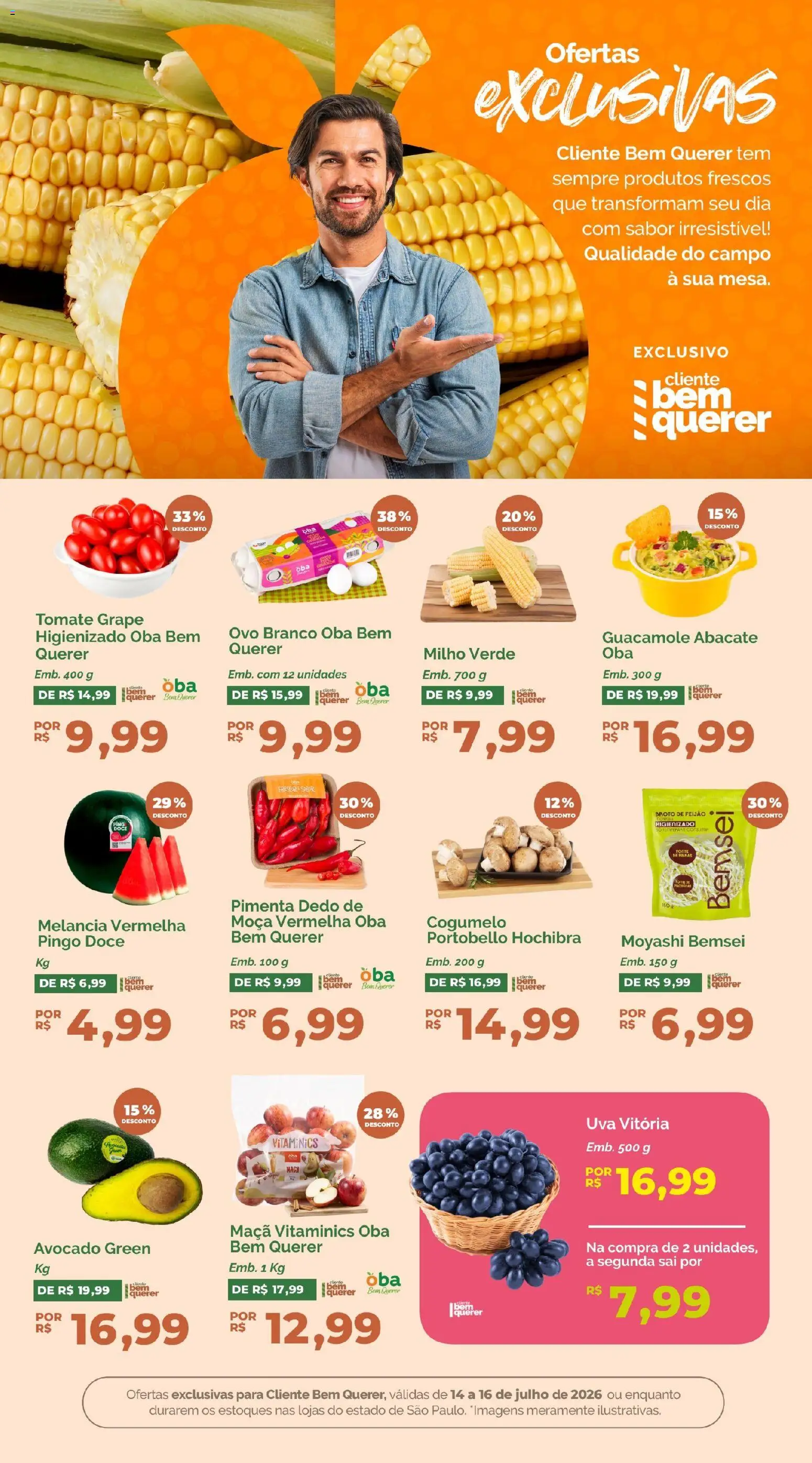 Oba Hortifruti Folheto - válido de 14/07/2026 | Página: 5 | Produtos: Melancia, Feijão, Milho verde, Cogumelo