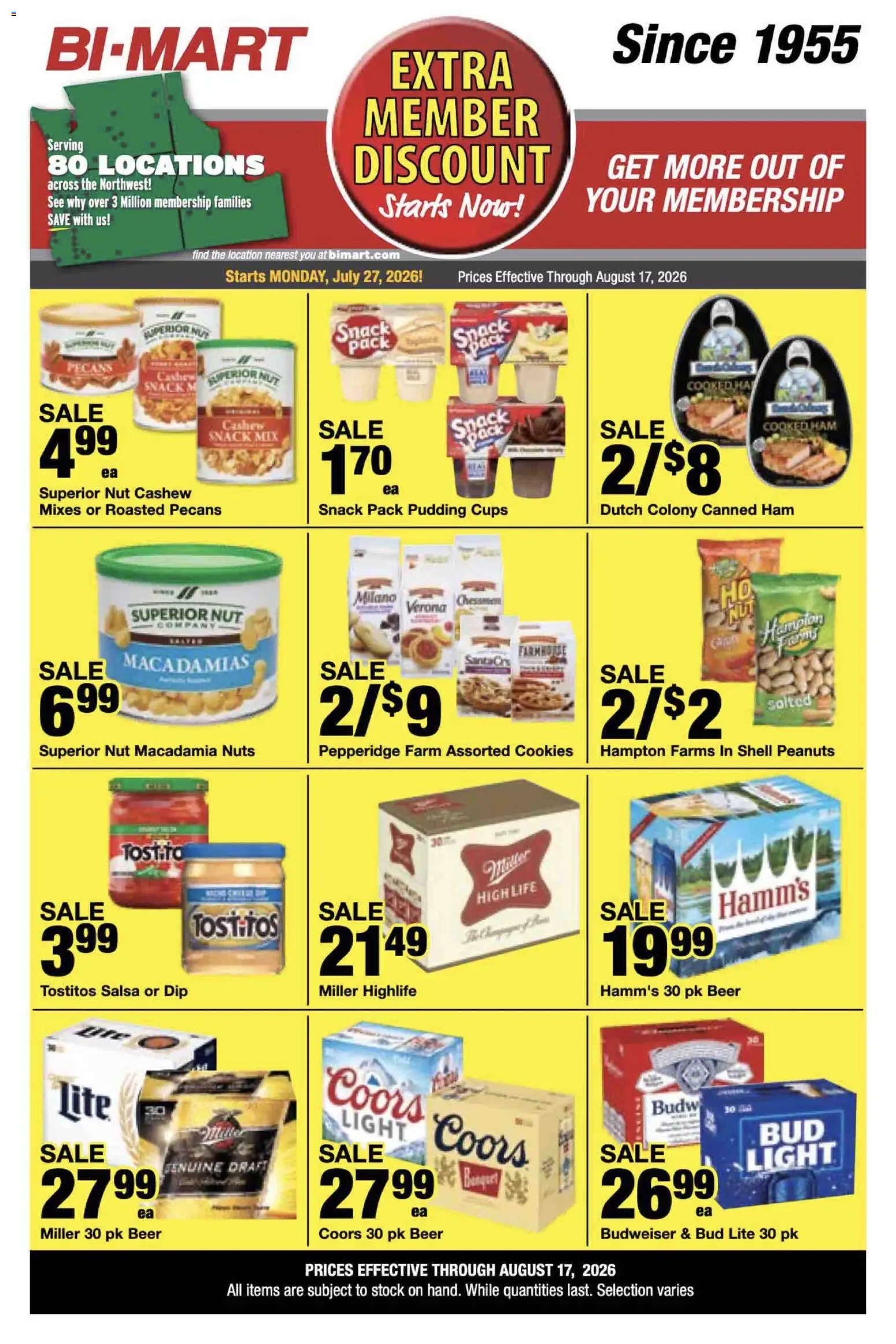 Bi-Mart Extra Member Discount - valid from 07/27/2026 | Page: 19 | Products: Ham, Beer, Nuts, Cookies