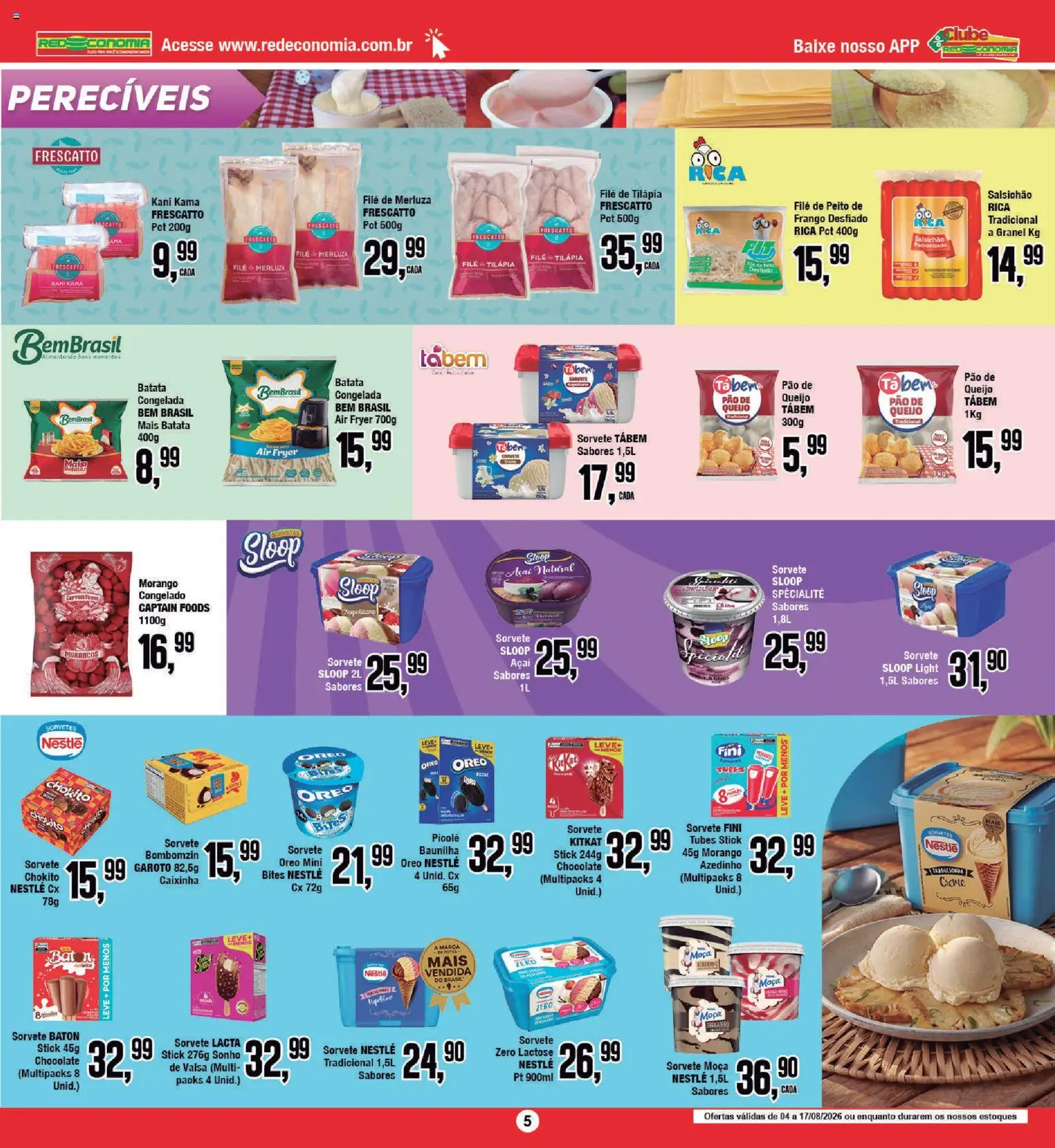 RedEconomia Folheto - válido de 04/08/2026 | Página: 5 | Produtos: Salsicha, Batata, Frango, Açaí