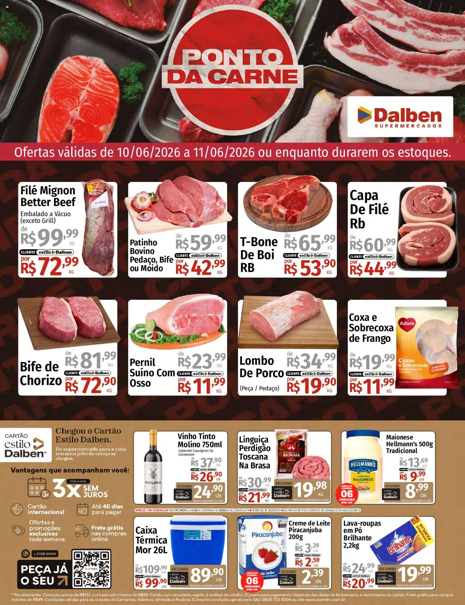 Supermercado Dalben Folheto - válido de 10.06.2026 | Página: 1 | Produtos: Linguiça, Filé mignon, Caixa, Carne