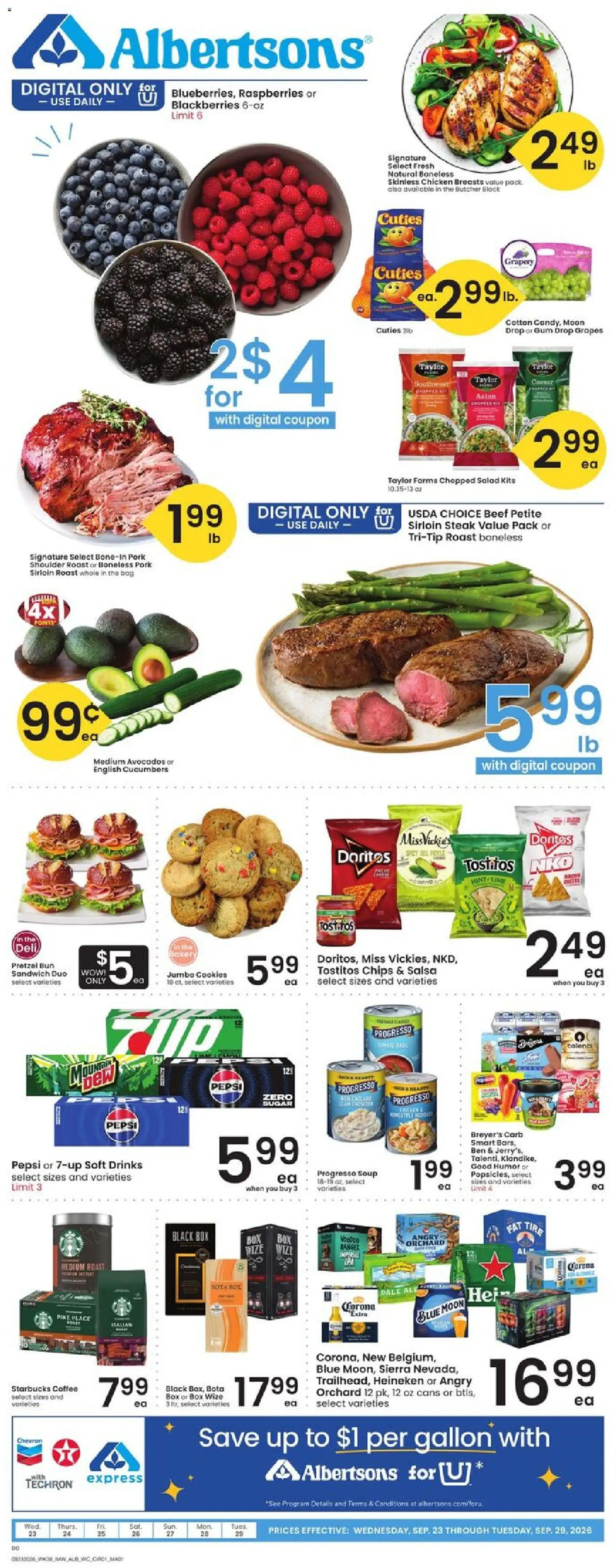 Albertsons Weekly Ad - valid from 09/23/2026 | Page: 1 | Products: Raspberries, Box, Heineken, Chicken breasts