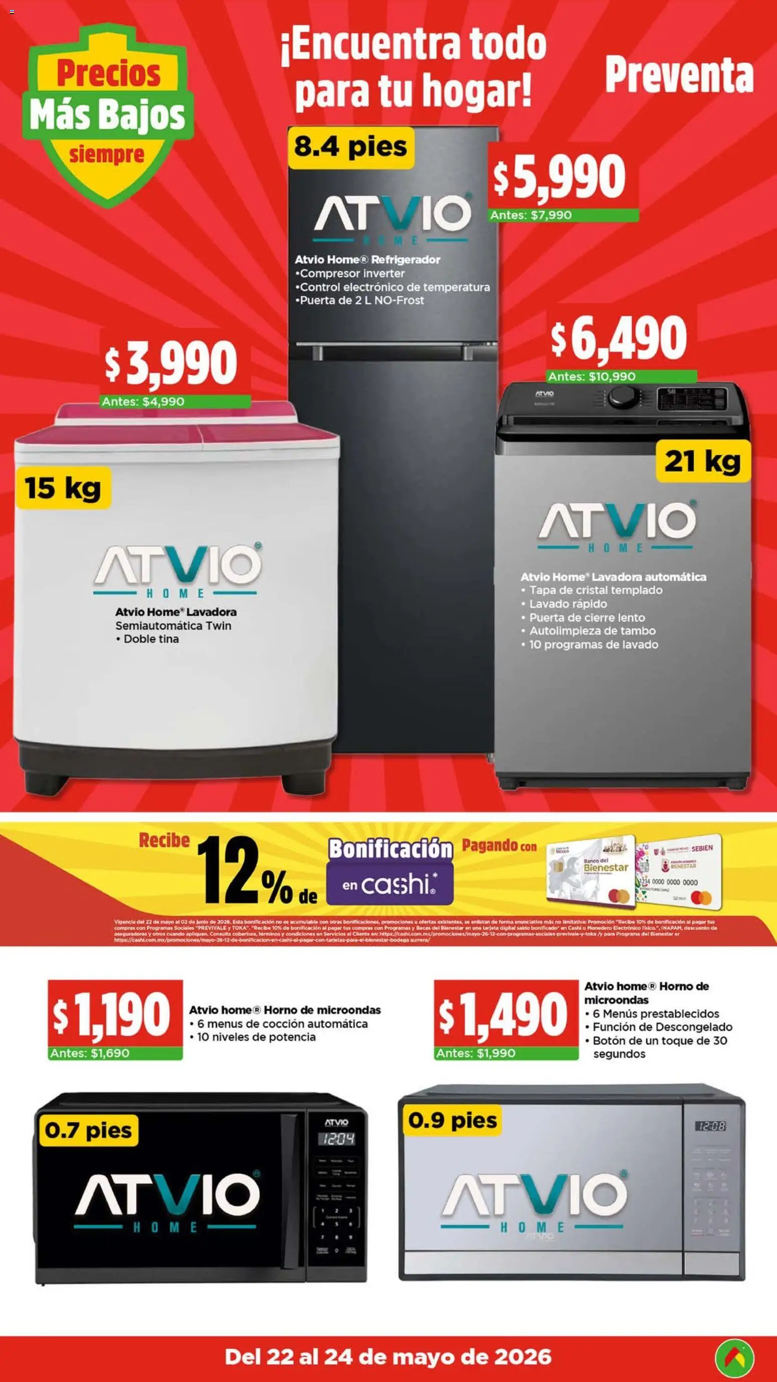 Nuevas ofertas de Bodega Aurrerá válidas en toda la República Mexicana desde el 22.05.2026. ¡Encuentra las mejores ofertas en Bodega Aurrerá folleto El precio más bajo de México! | Página: 15 | Productos: Refrigerador, Monedero, Lavadora, Microondas