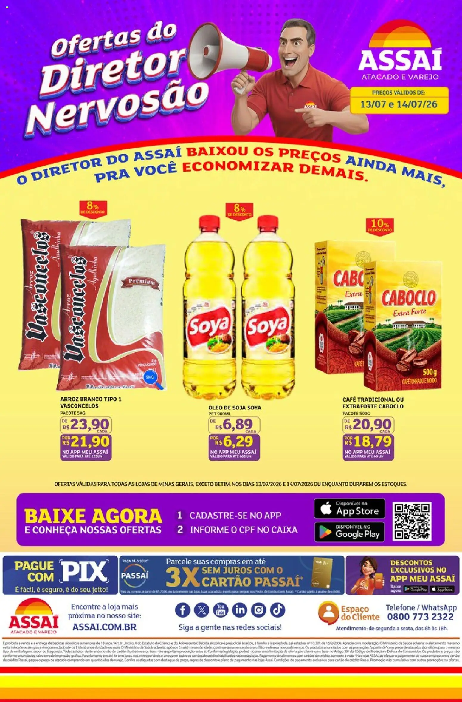 Assaí Atacadista Folheto - válido de 13/07/2026 | Página: 1 | Produtos: Caixa, Arroz, Telefone, Cabo