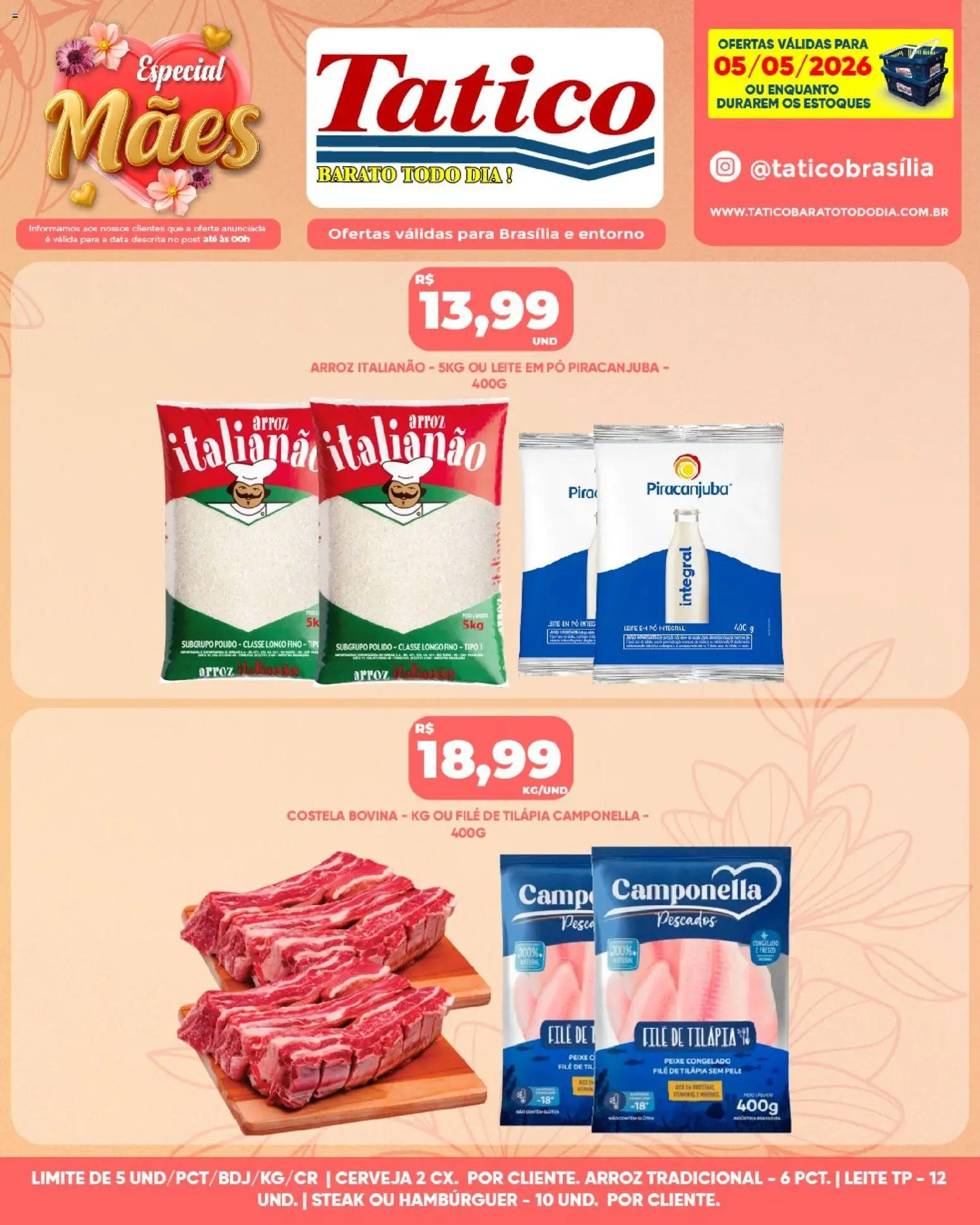 Tatico Folheto - válido de 06.05.2026 | Página: 26 | Produtos: Leite, Tilápia, Arroz, Filé de tilápia