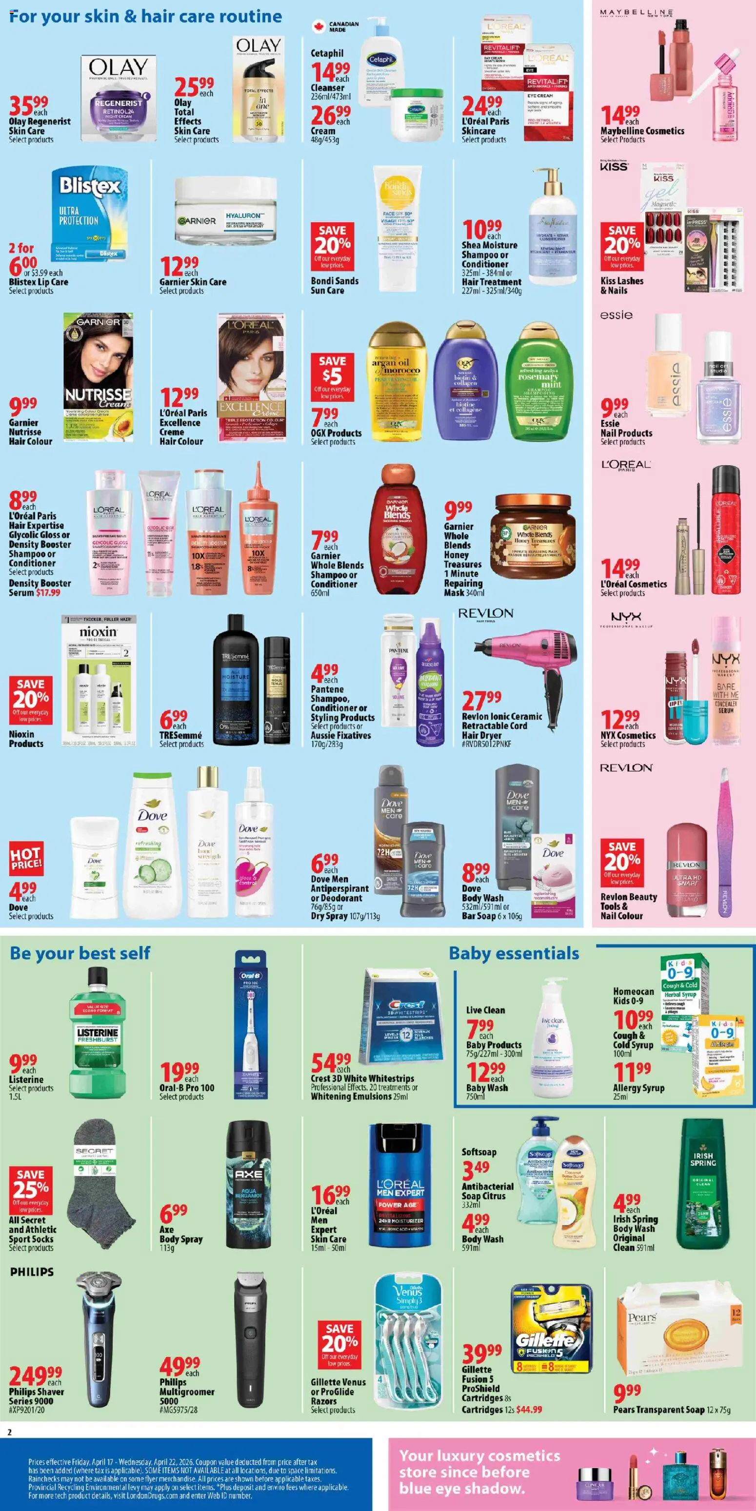 London Drugs flyer valid from 17.04.2026 | Page: 2 | Products: Shaver, Concealer, Body wash, Socks