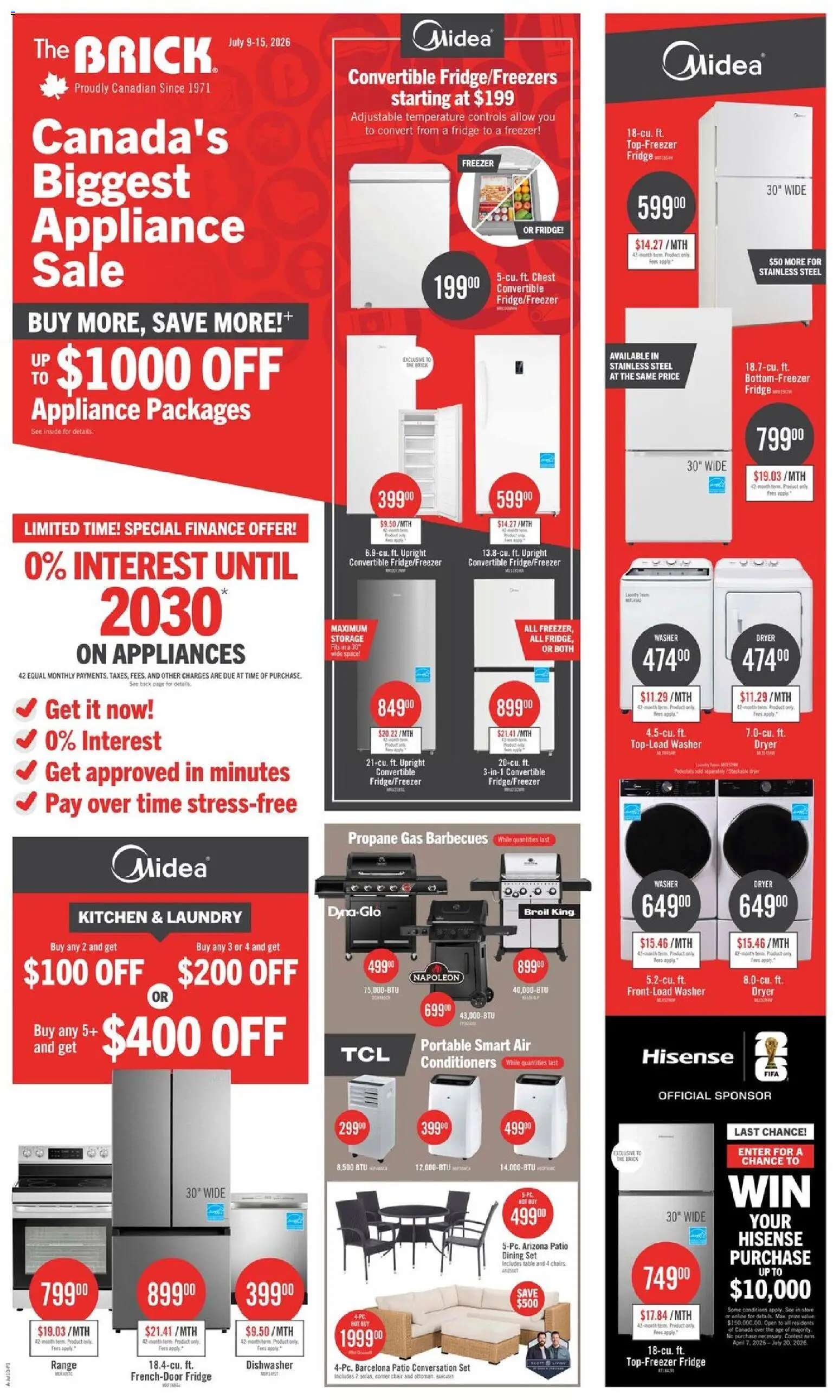 The Brick flyer valid from Jul 9, 2026 | Page: 1 | Products: Freezer, Dishwasher, Table, Chair