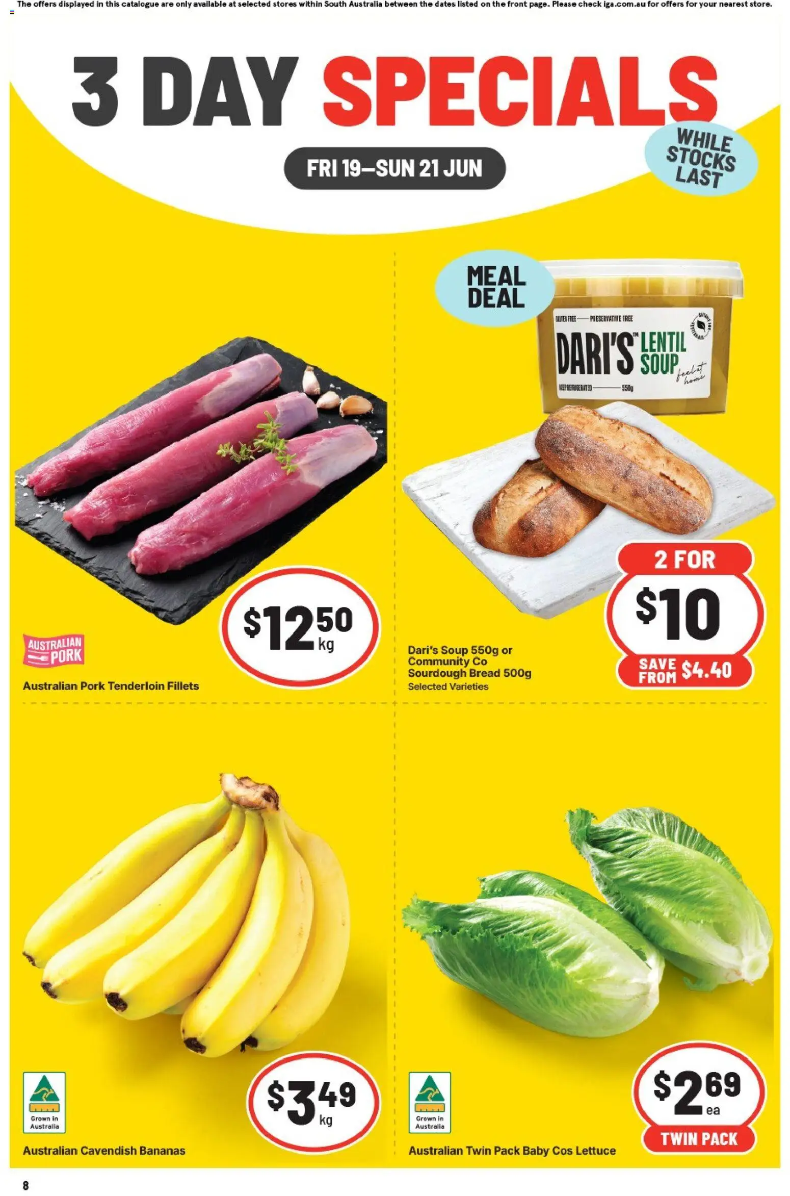 IGA catalogue - valid from 19.06.2026 | Page: 1 | Products: Bread, Pork, Bananas, Soup
