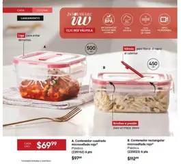 Vista previa de A. Contenedor cuadrado microsellado rojo*, Square, clear plastic food container with a red lid and red clasps, featuring a valve for steam release. Made of plastic., nuevo folleto de la tienda, válido en México a partir del 19.06.2026 | Página: 5 | Productos: Microondas, Válvula, Contenedor, Liga