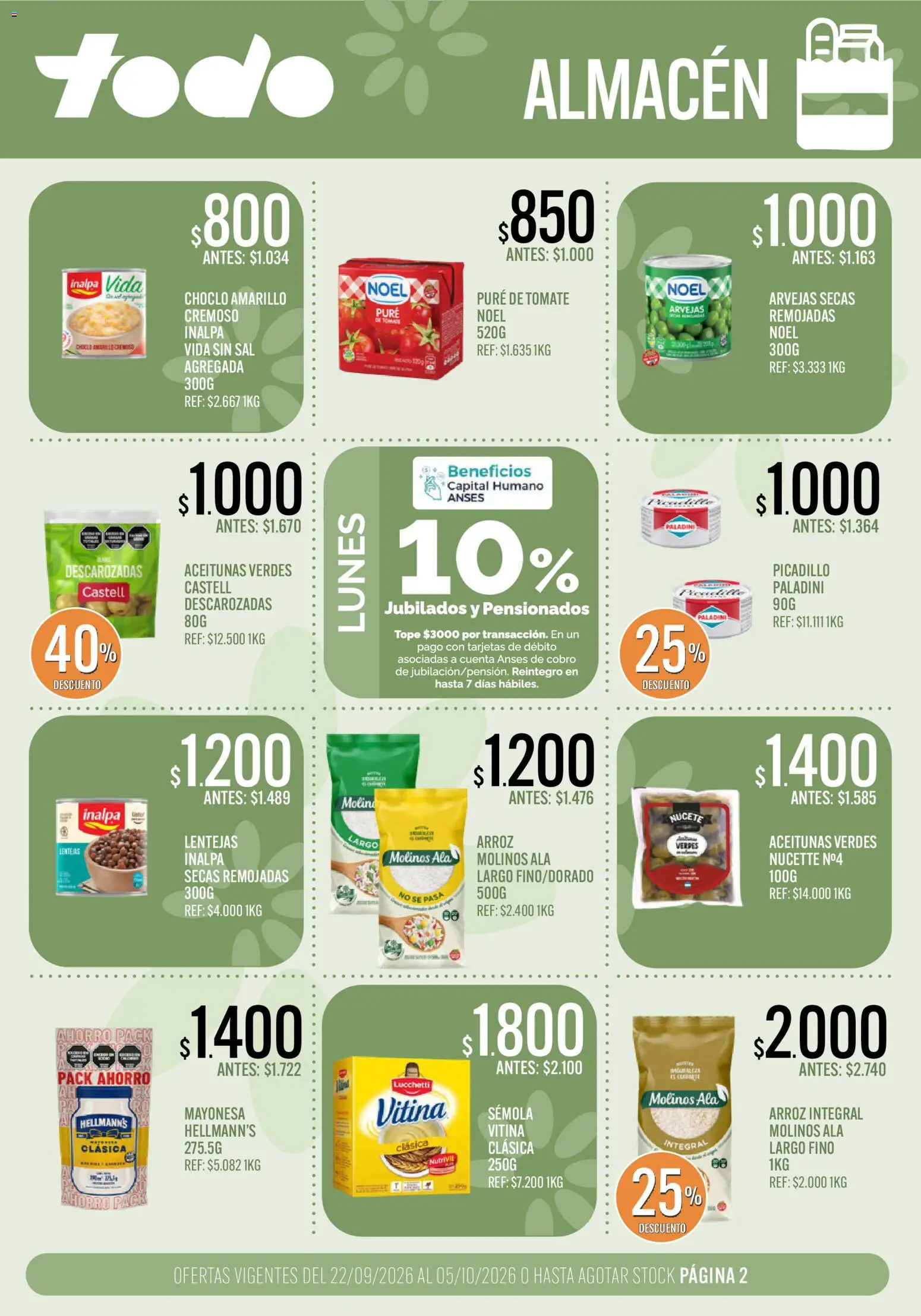 Supermercados TODO catálogo │ válido desde el 22/09/2026 | Página: 2 | Productos: Arvejas, Sal, Arroz integral, Puré