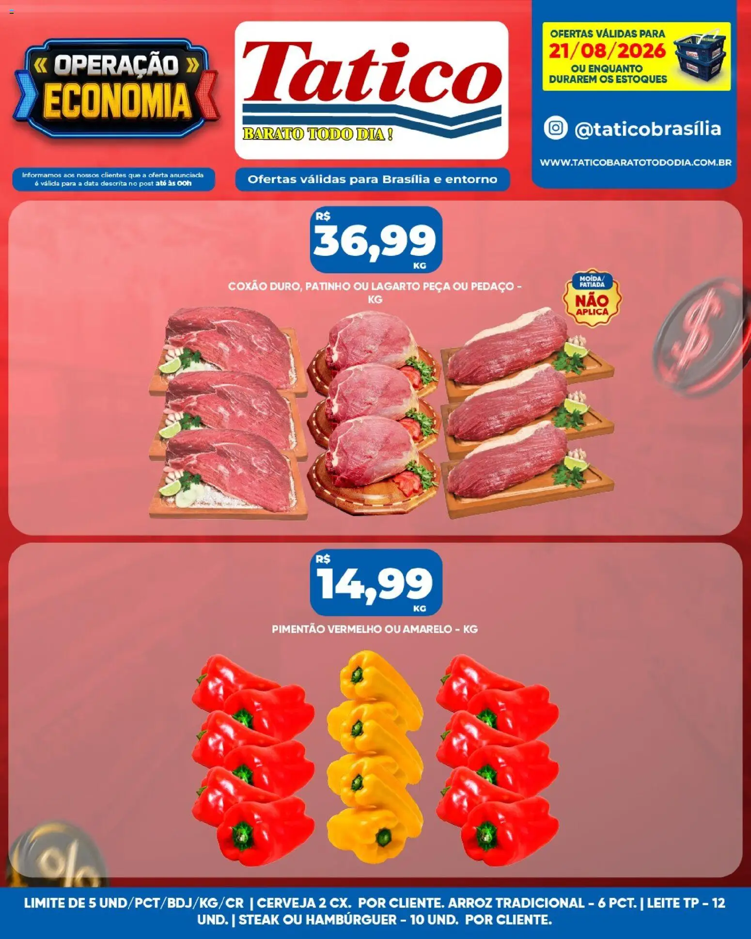 Tatico Folheto - válido de 21/08/2026 | Página: 12 | Produtos: Pimentão, Cerveja, Arroz, Hambúrguer