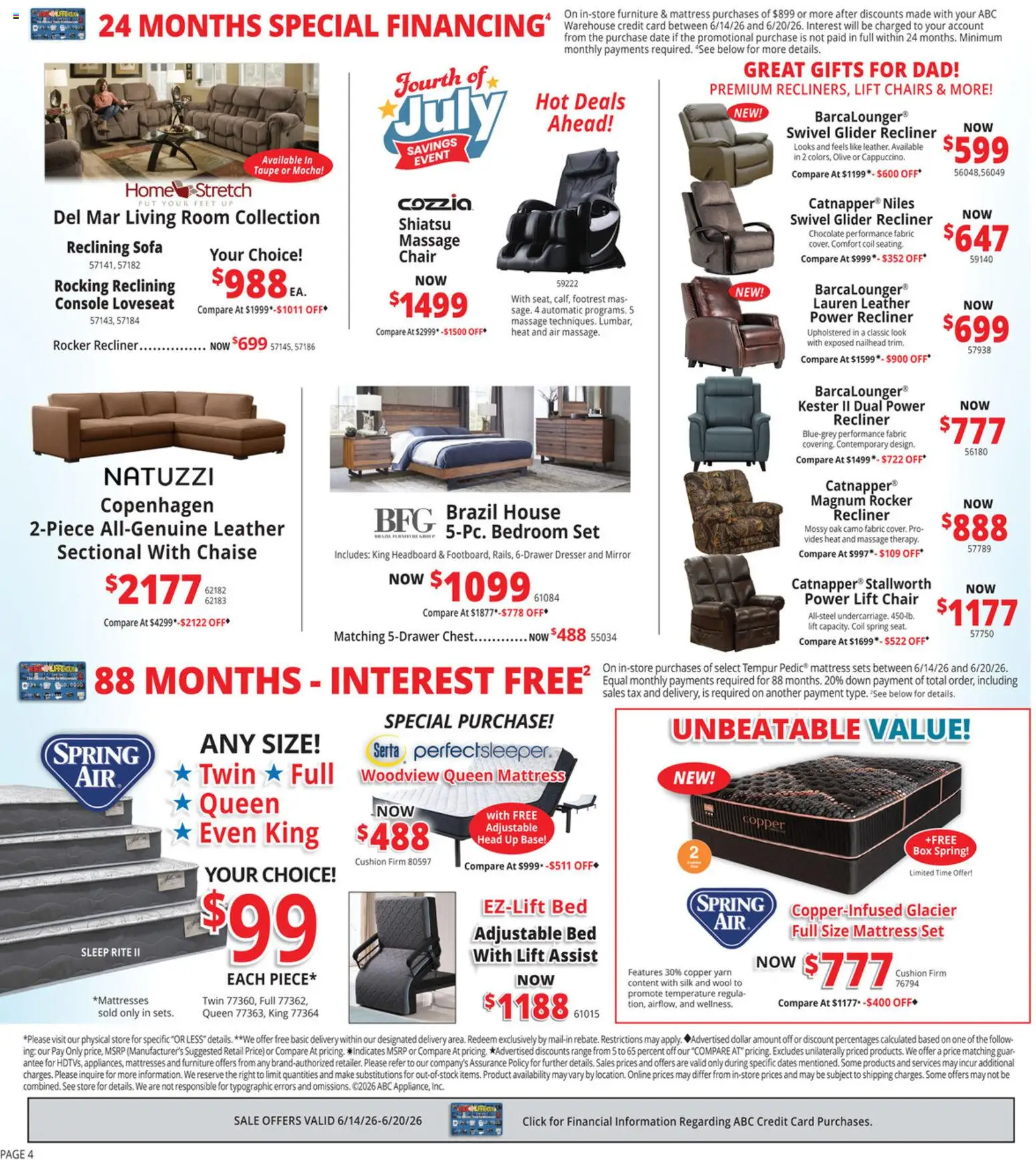 ABC Warehouse Weekly Ad - valid from 14.06.2026 | Page: 4 | Products: Swivel, Loveseat, Lift Chair, Massage Chair