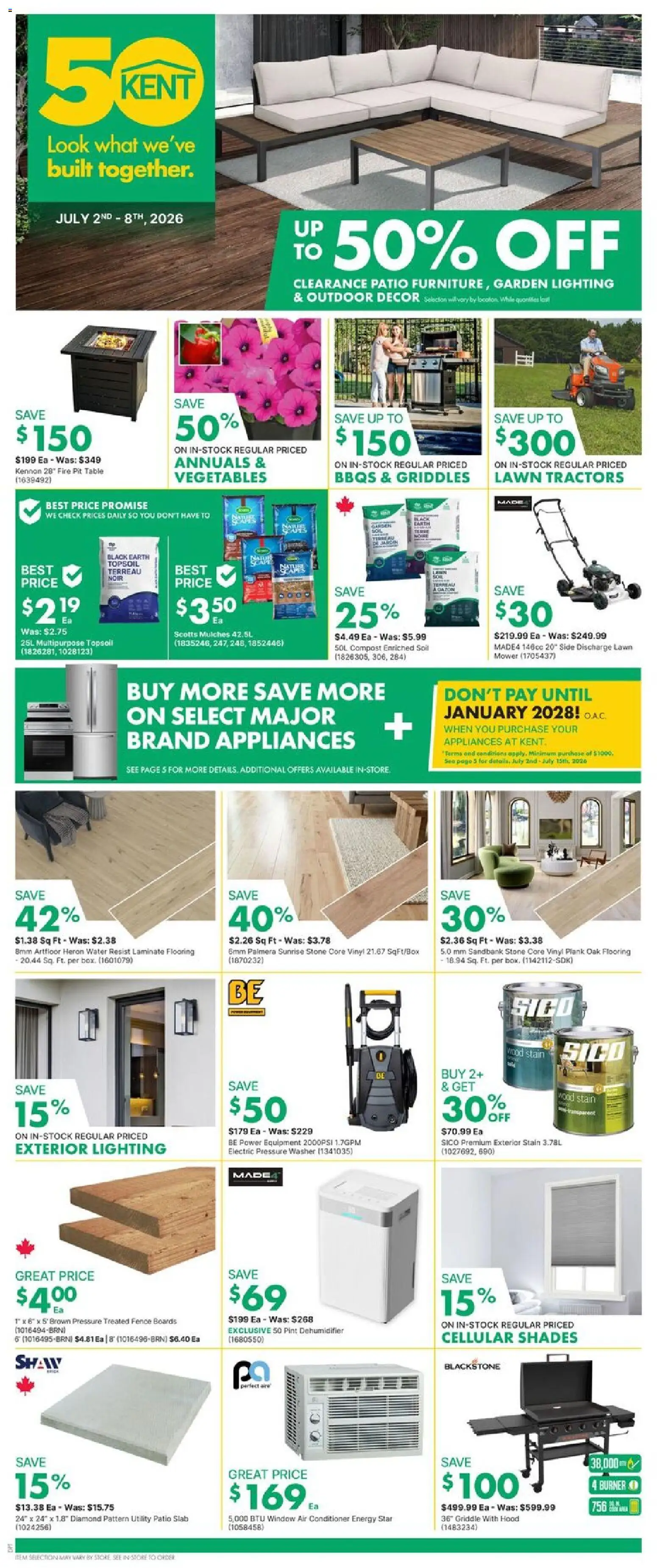 Kent flyer valid from Jul 2, 2026 | Page: 1 | Products: Mower, Conditioner, Table