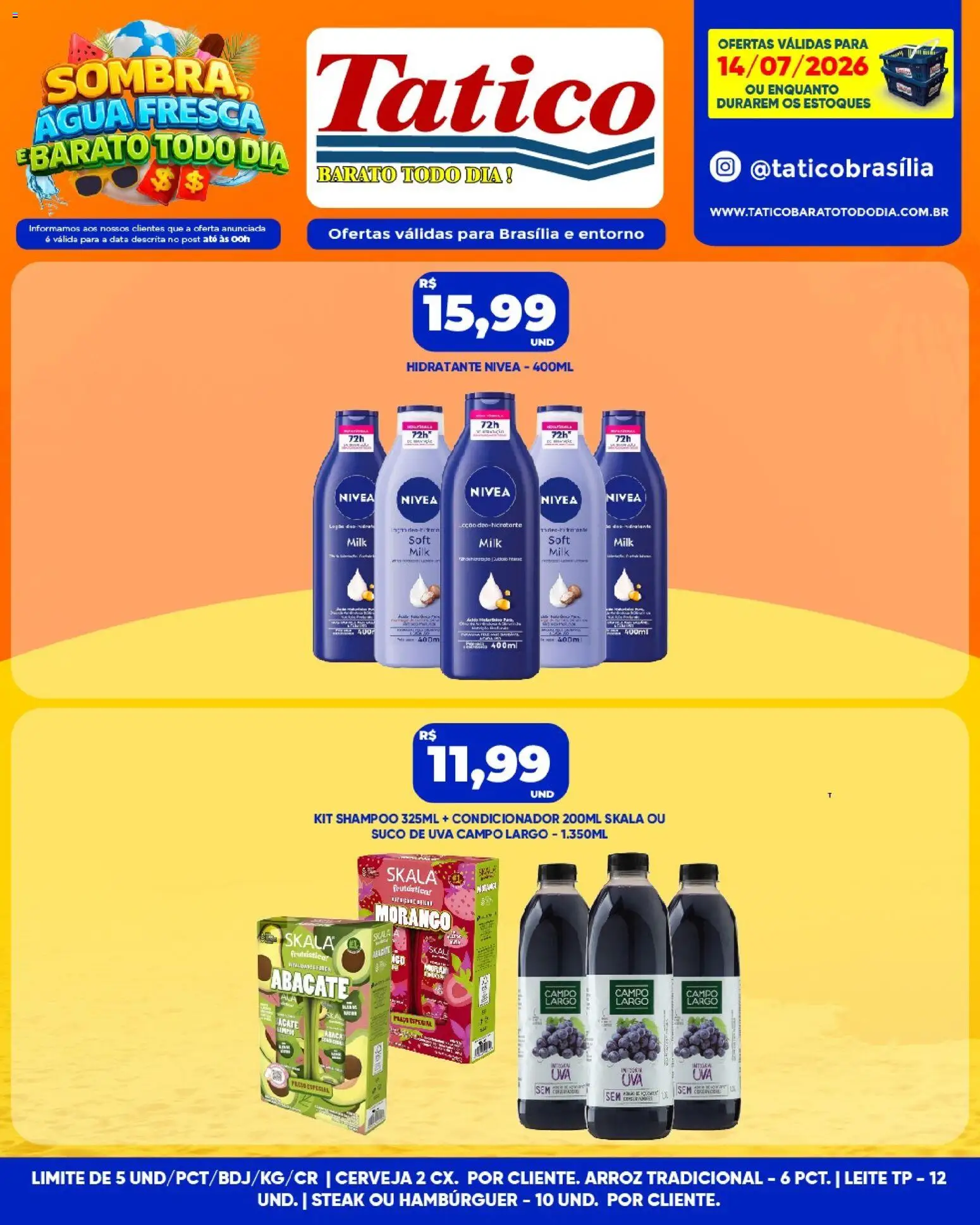 Tatico Folheto - válido de 14/07/2026 | Página: 10 | Produtos: Leite, Suco, Arroz, Hambúrguer
