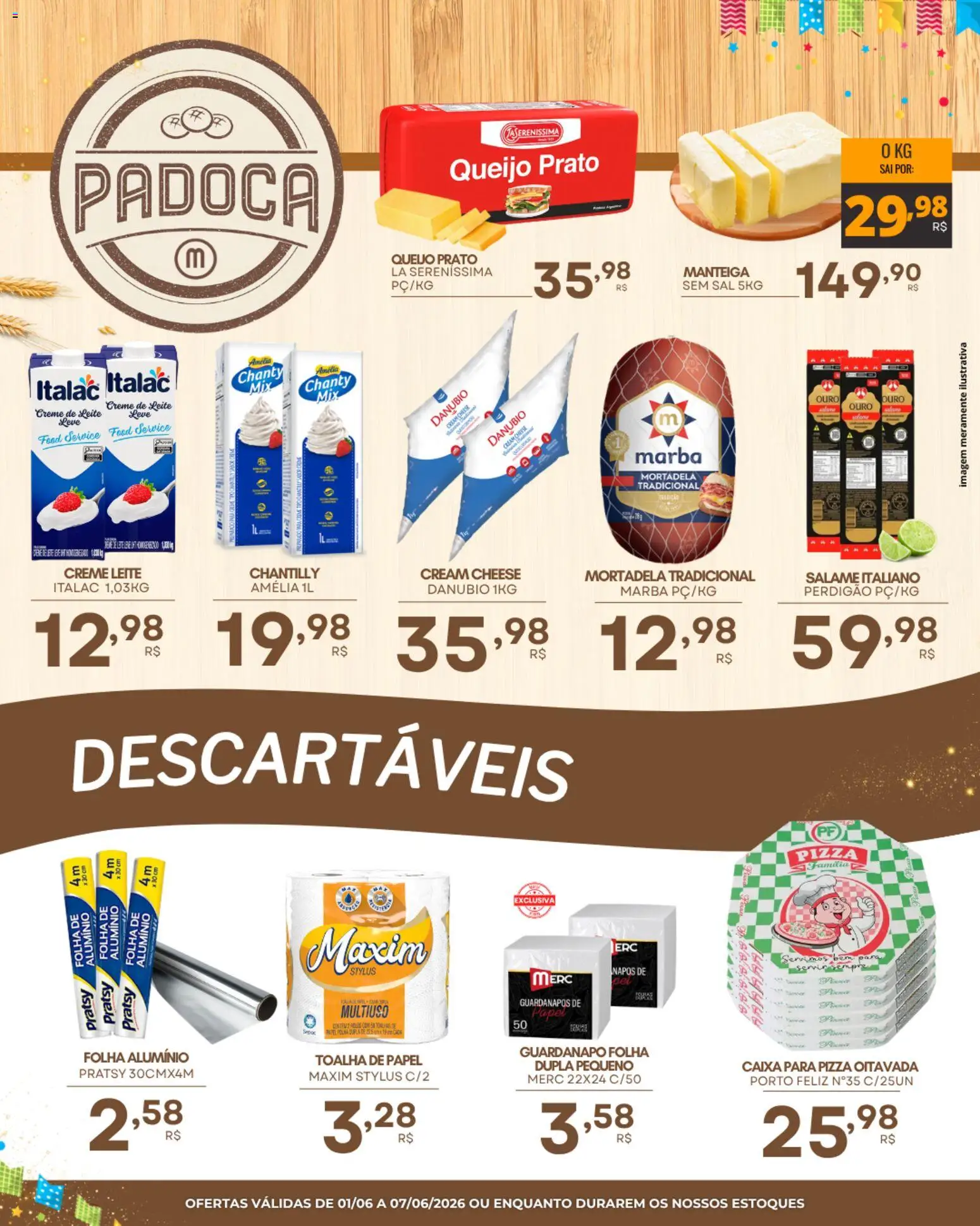 Mercadão Atacadista Folheto - válido de 01.06.2026 | Página: 3 | Produtos: Caixa, Mortadela, Cream cheese, Sal