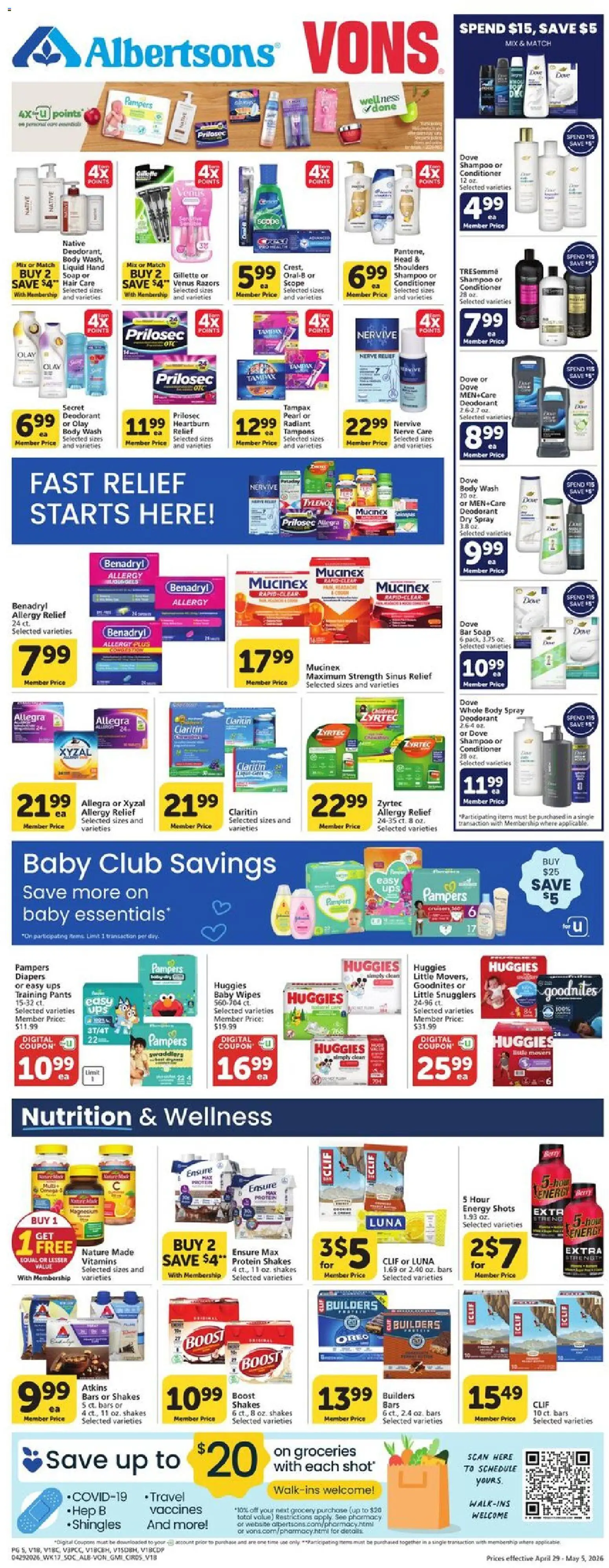 Vons Weekly Ad - SoCal - valid from 29.04.2026 | Page: 5 | Products: Shampoo, Tampons, Bar Soap, UPS