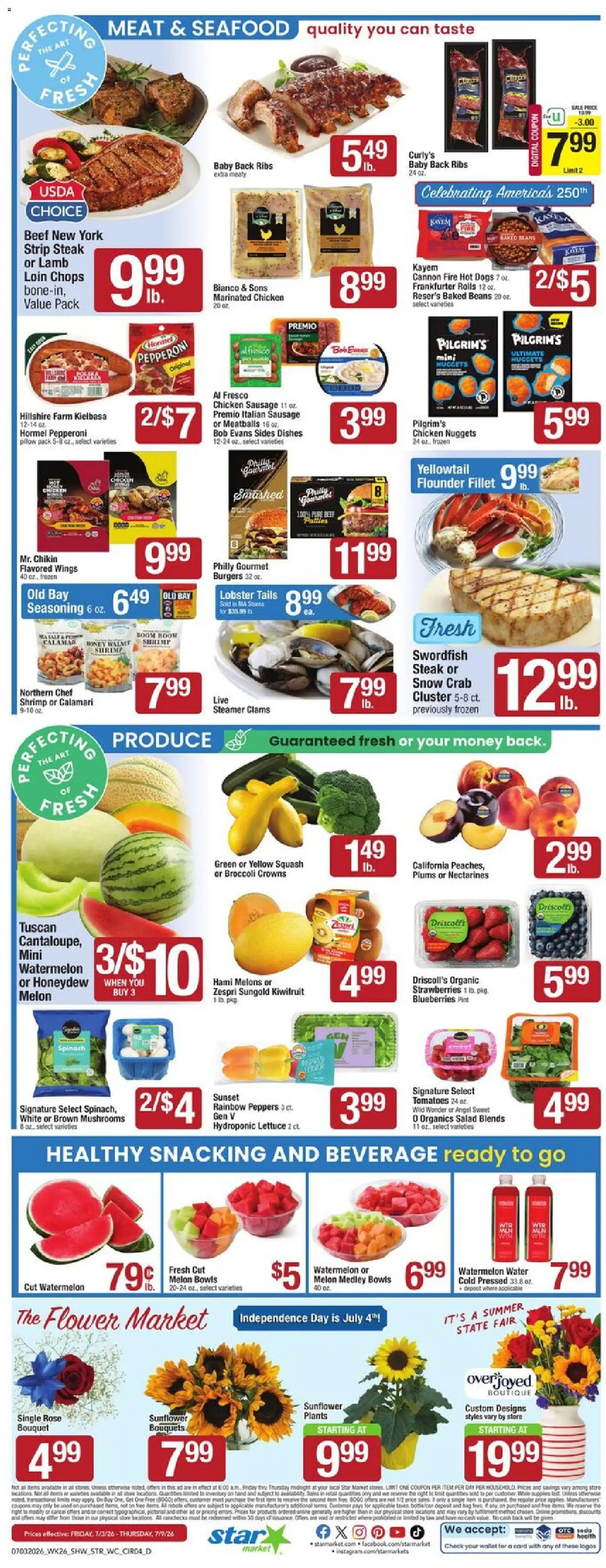 Star Market Weekly Ad - MA - valid from 07/03/2026 | Page: 4 | Products: Squash, Mushrooms, Sausage, Watermelon