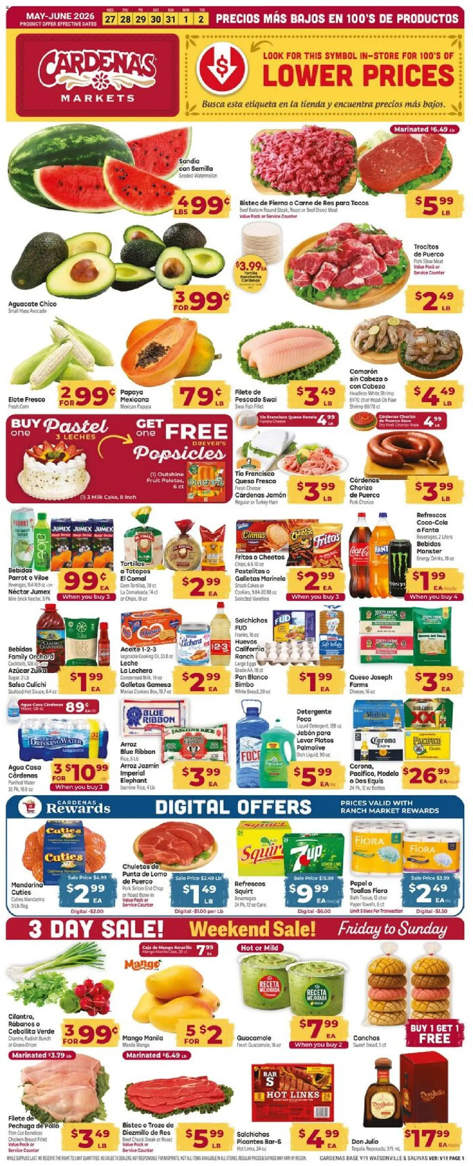 Cardenas Weekly Ad - CA - valid from 27.05.2026 | Page: 1 | Products: Mandarins, Pork, Beet, Watermelon