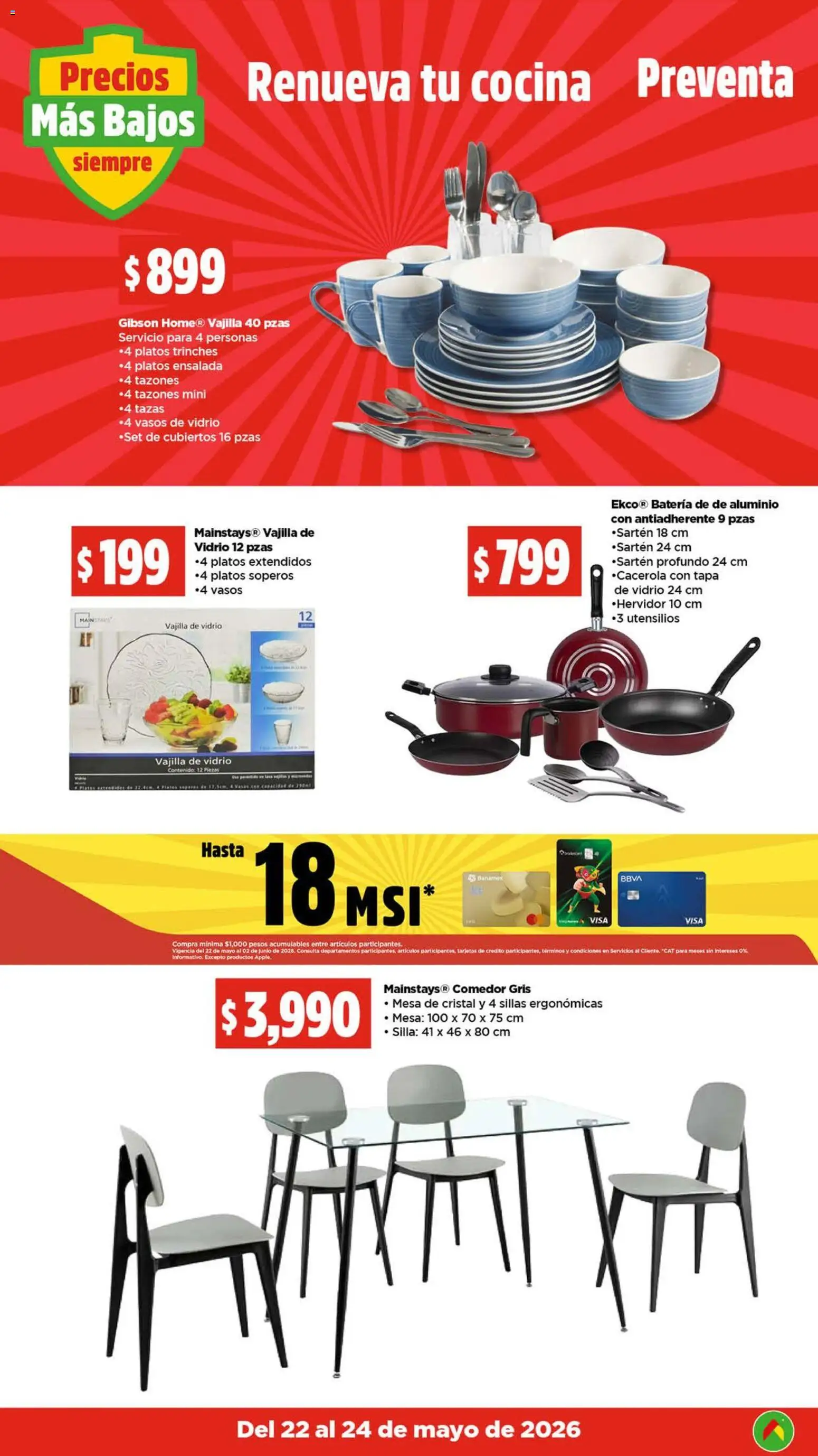 Nuevas ofertas de Bodega Aurrerá válidas en toda la República Mexicana desde el 22.05.2026. ¡Encuentra las mejores ofertas en Bodega Aurrerá folleto El precio más bajo de México! | Página: 18 | Productos: Silla, Cocina, Batería, Vasos