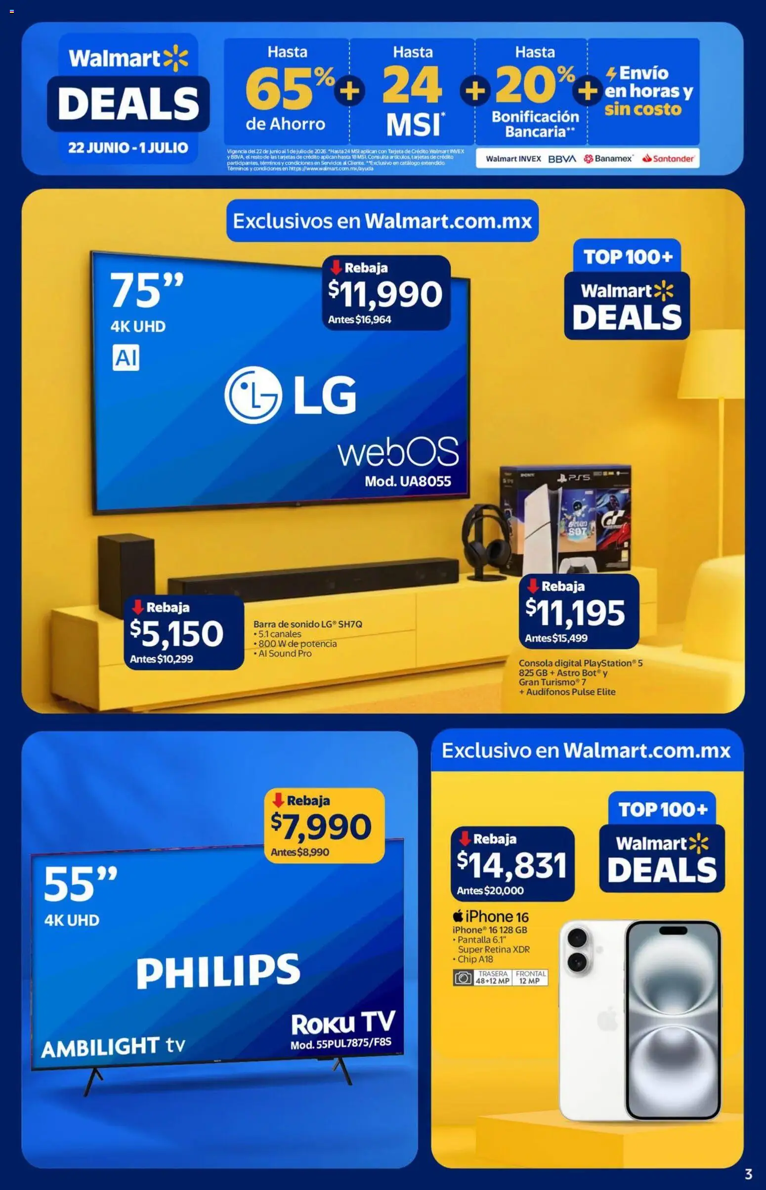 Nuevas ofertas de Walmart válidas en toda la República Mexicana desde el 22/06/2026. ¡Encuentra las mejores ofertas en Walmart folleto Deals! | Página: 3 | Productos: Audífonos, Barra, Top