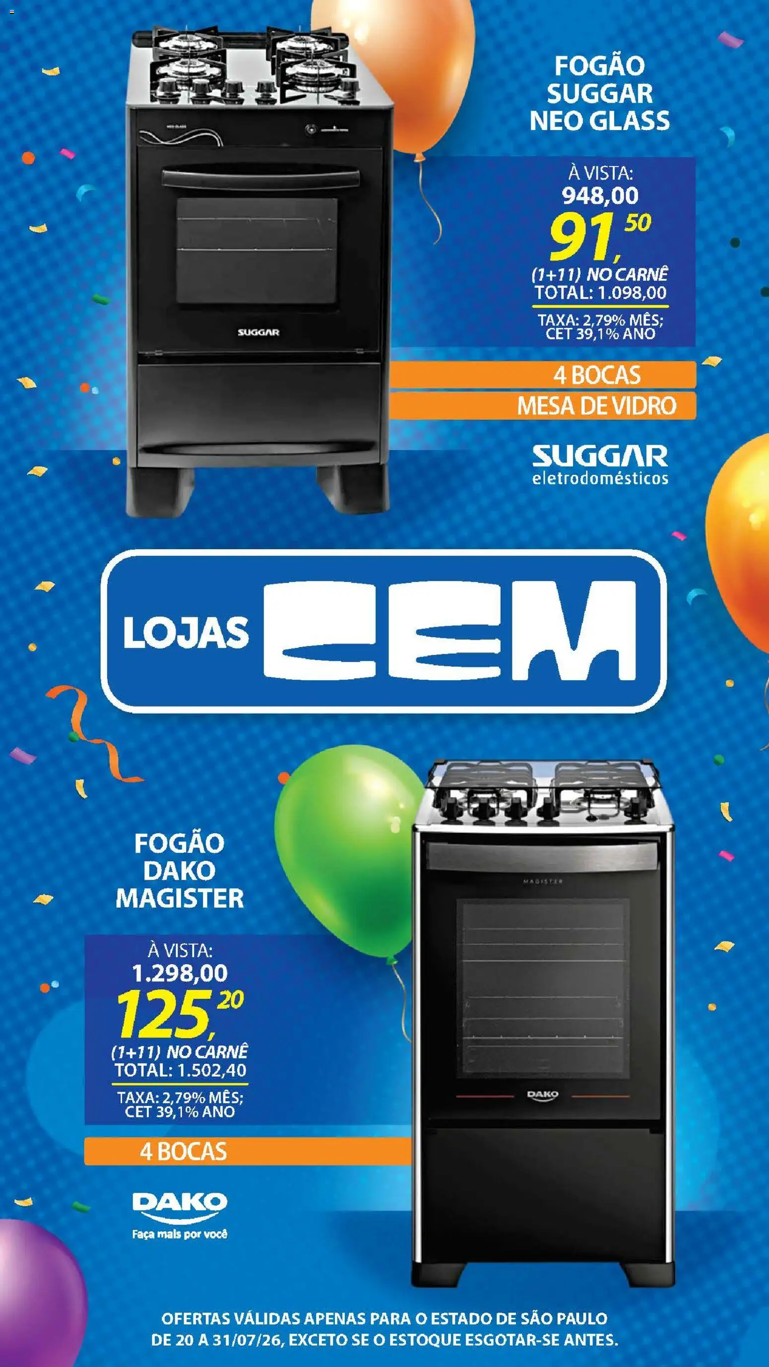 Lojas Cem Folheto - válido de 20/07/2026 | Página: 39 | Produtos: Fogão, Faca, Carne, Eletrodomésticos