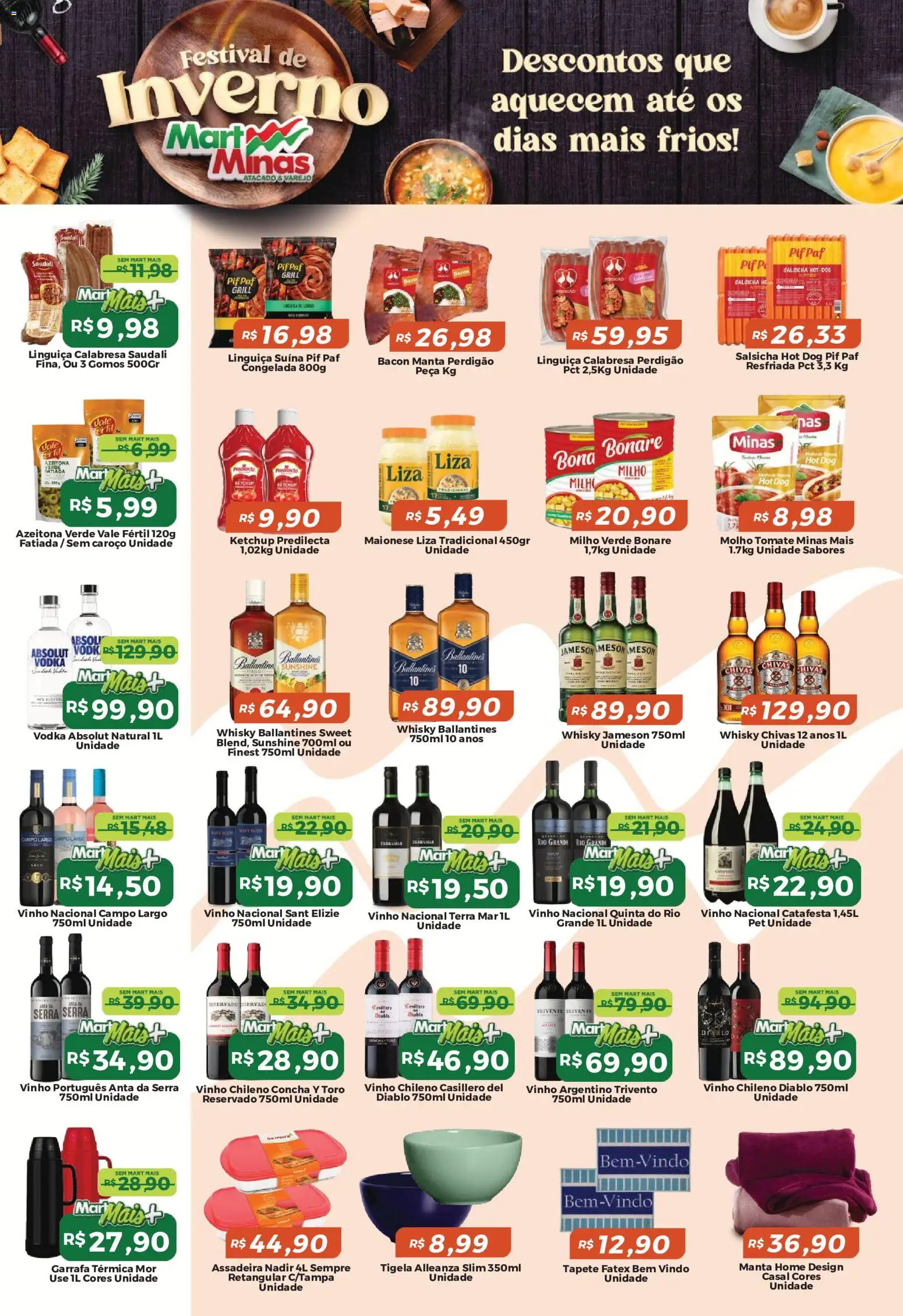 Mart Minas Folheto - válido de 09/07/2026 | Página: 3 | Produtos: Salsicha, Tapete, Vinho, Tigela