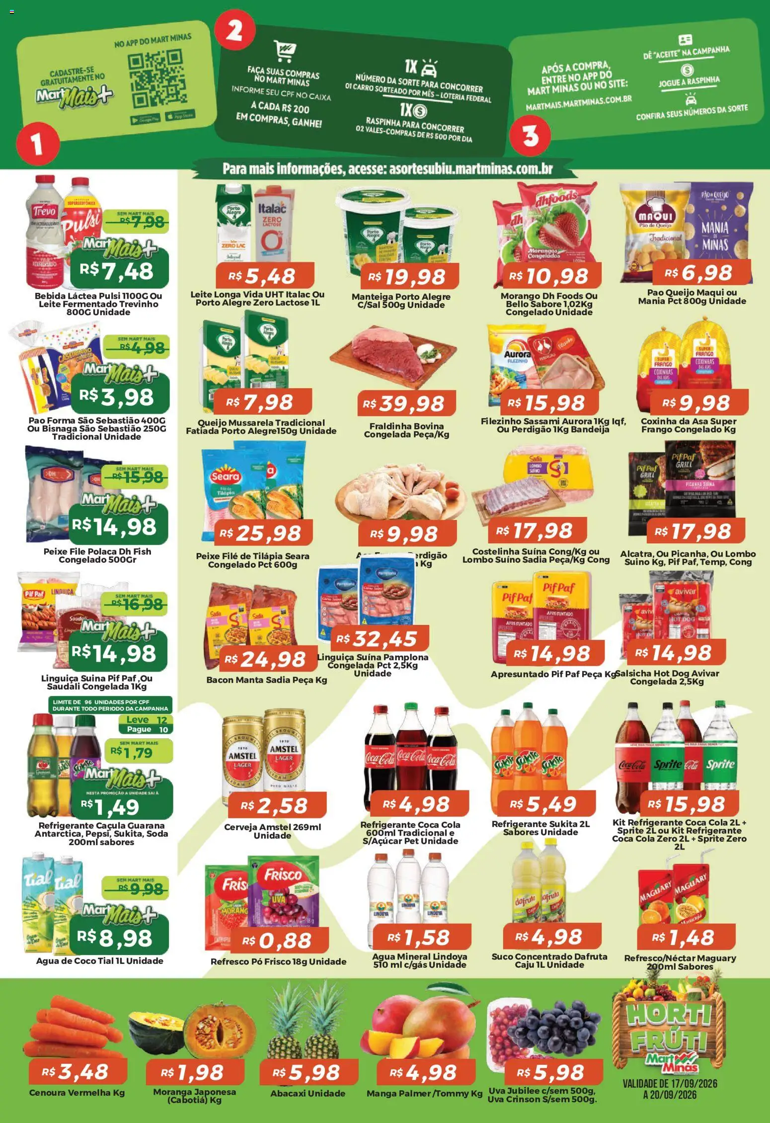 Mart Minas Folheto - válido de 17/09/2026 | Página: 2 | Produtos: Refresco, Uva, Água mineral, Filé de tilápia