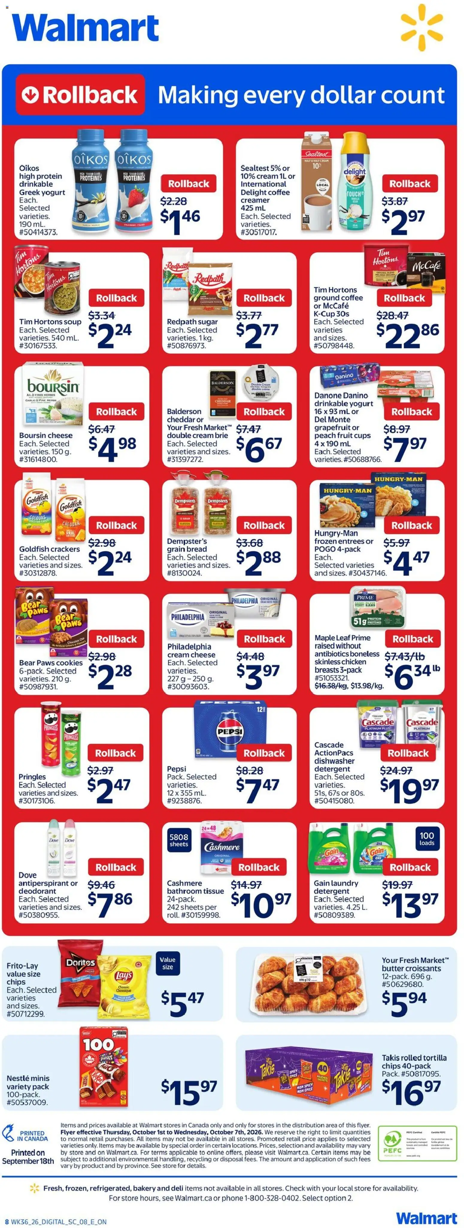 Walmart flyer valid from Oct 1, 2026 | Page: 2 | Products: Cream, Chicken breasts, Toilet paper, Tortilla chips