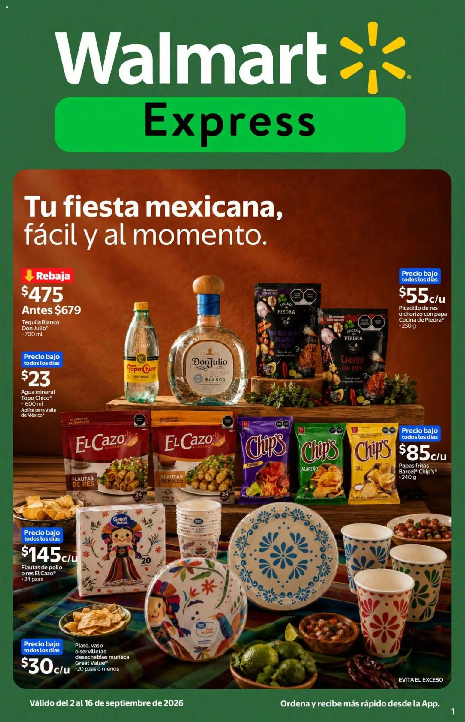 Nuevas ofertas de Walmart Express válidas en toda la República Mexicana desde el 02/09/2026. ¡Encuentra las mejores ofertas en Walmart Express folleto Tu fiesta mexicana, fácil y al momento! | Página: 1 | Productos: Res, Tequila, Cocina, Servilletas