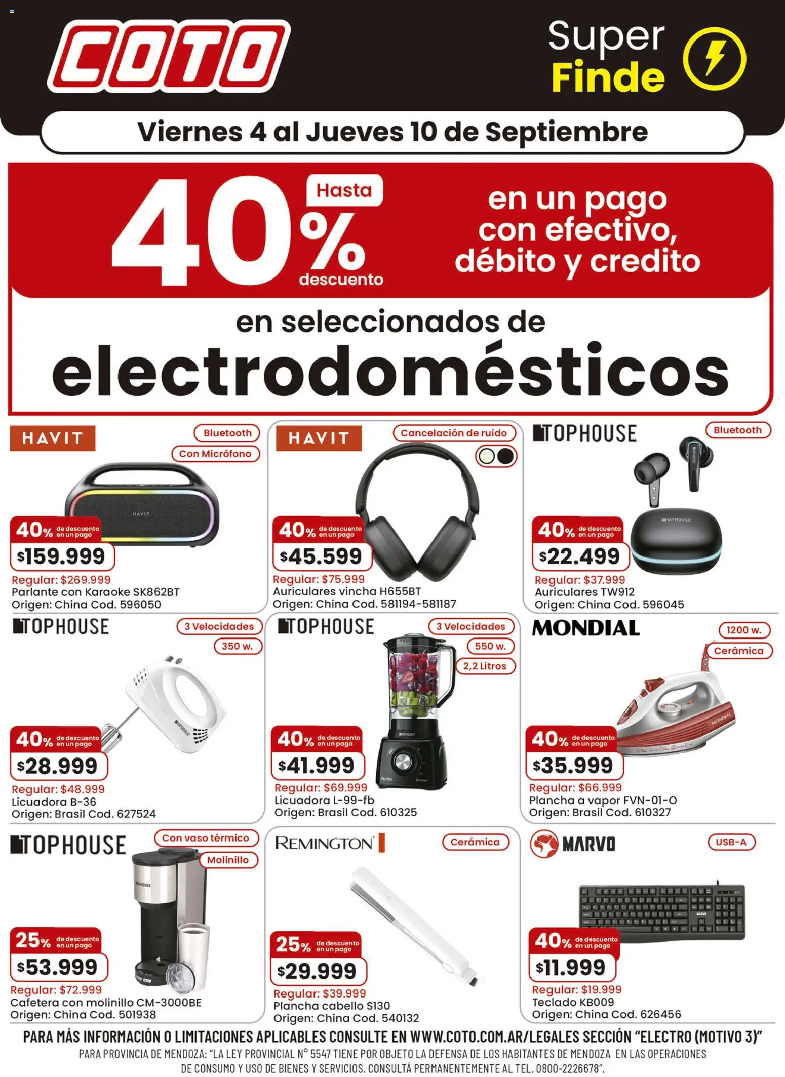 Coto - Electrodomésticos │ válido desde el 04/09/2026 | Página: 1 | Productos: Vincha, Teclado, Plancha, Molinillo