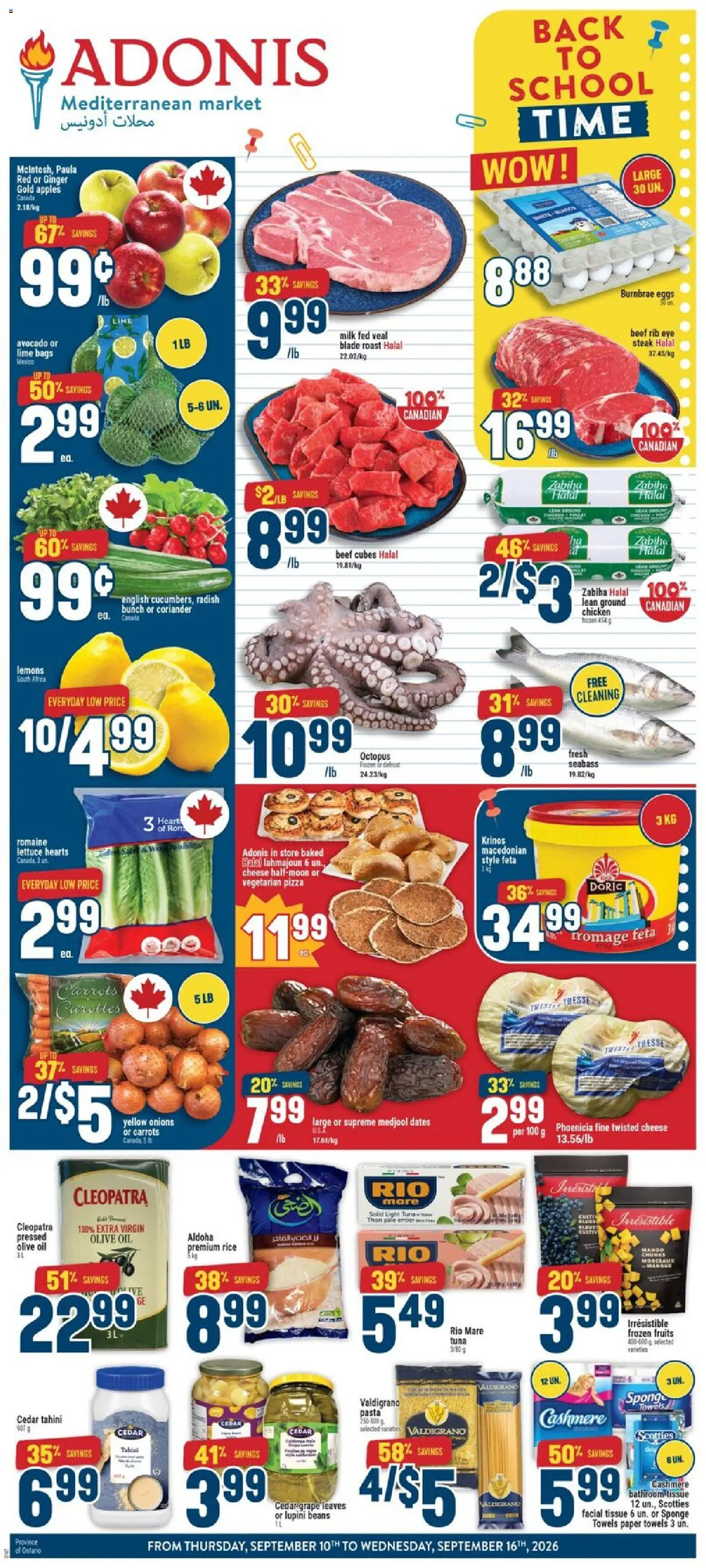 Adonis flyer valid from Sep 10, 2026 | Page: 1 | Products: Tuna, Towels, Cheese, Pizza