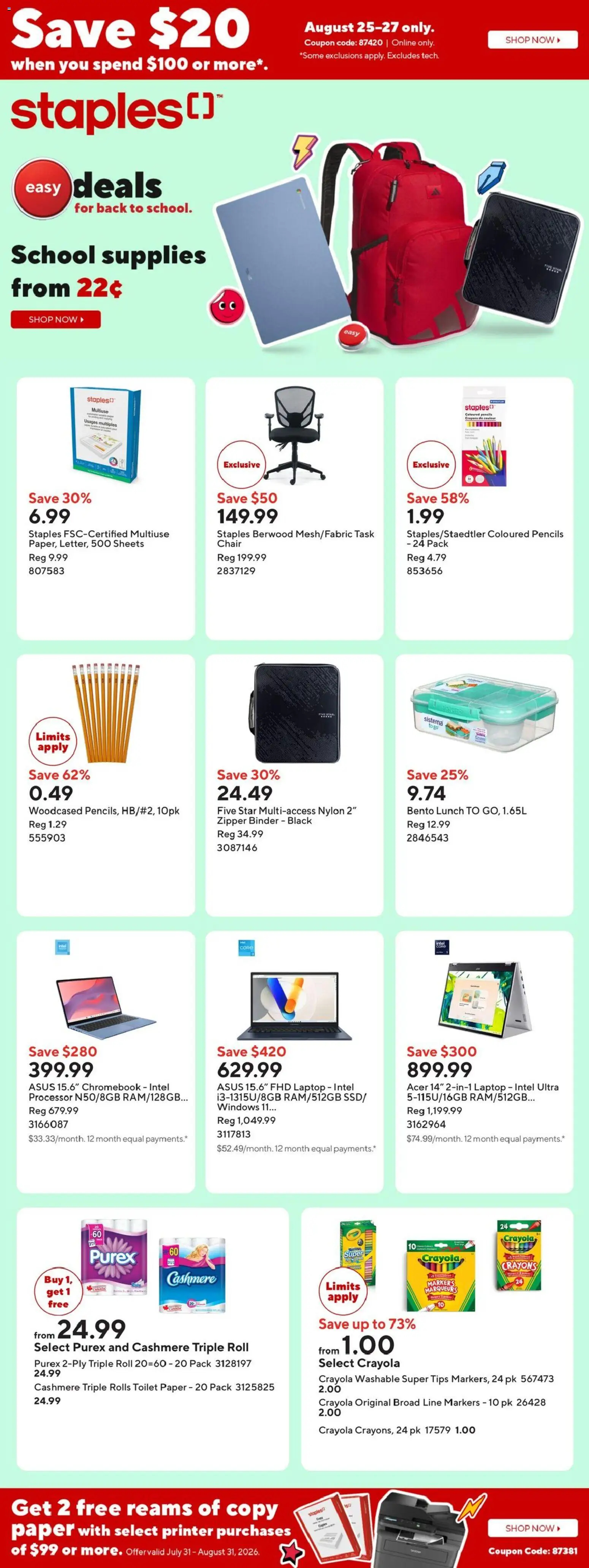 Staples flyer valid from Aug 21, 2026 | Page: 1 | Products: Printer, Laptop, Toilet paper, Chair