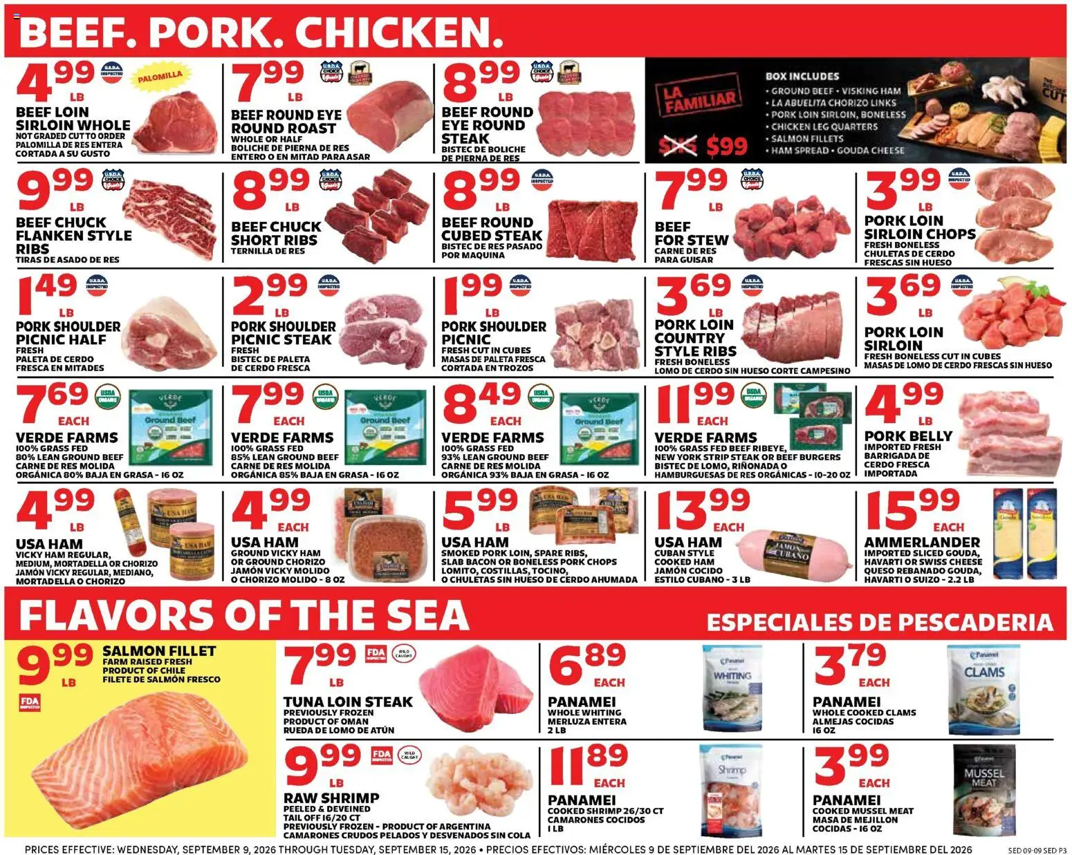 Sedano's Weekly Ad - valid from 09/09/2026 | Page: 3 | Products: Meat, Ham, Steak, Salmon fillet