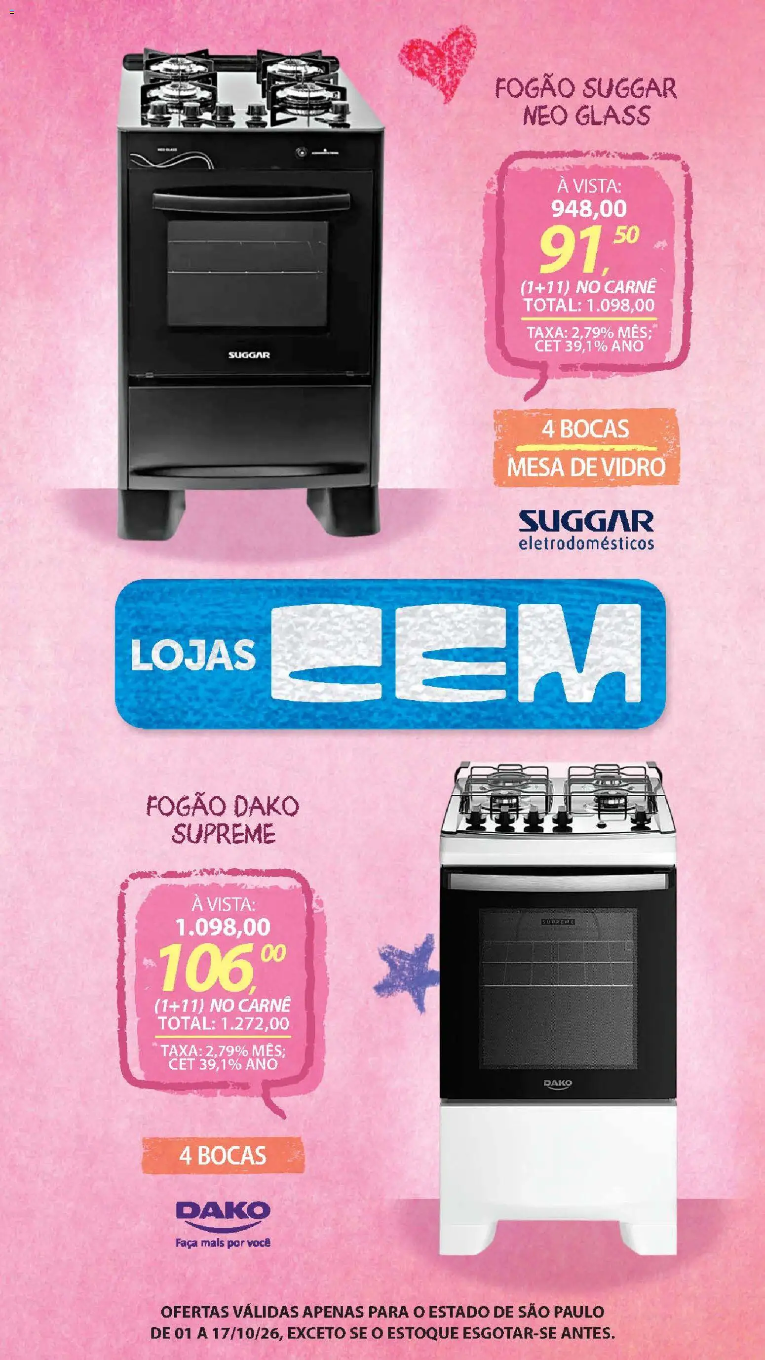 Lojas Cem Folheto - válido de 01/10/2026 | Página: 65 | Produtos: Fogão, Mesa, Carne, Eletrodomésticos
