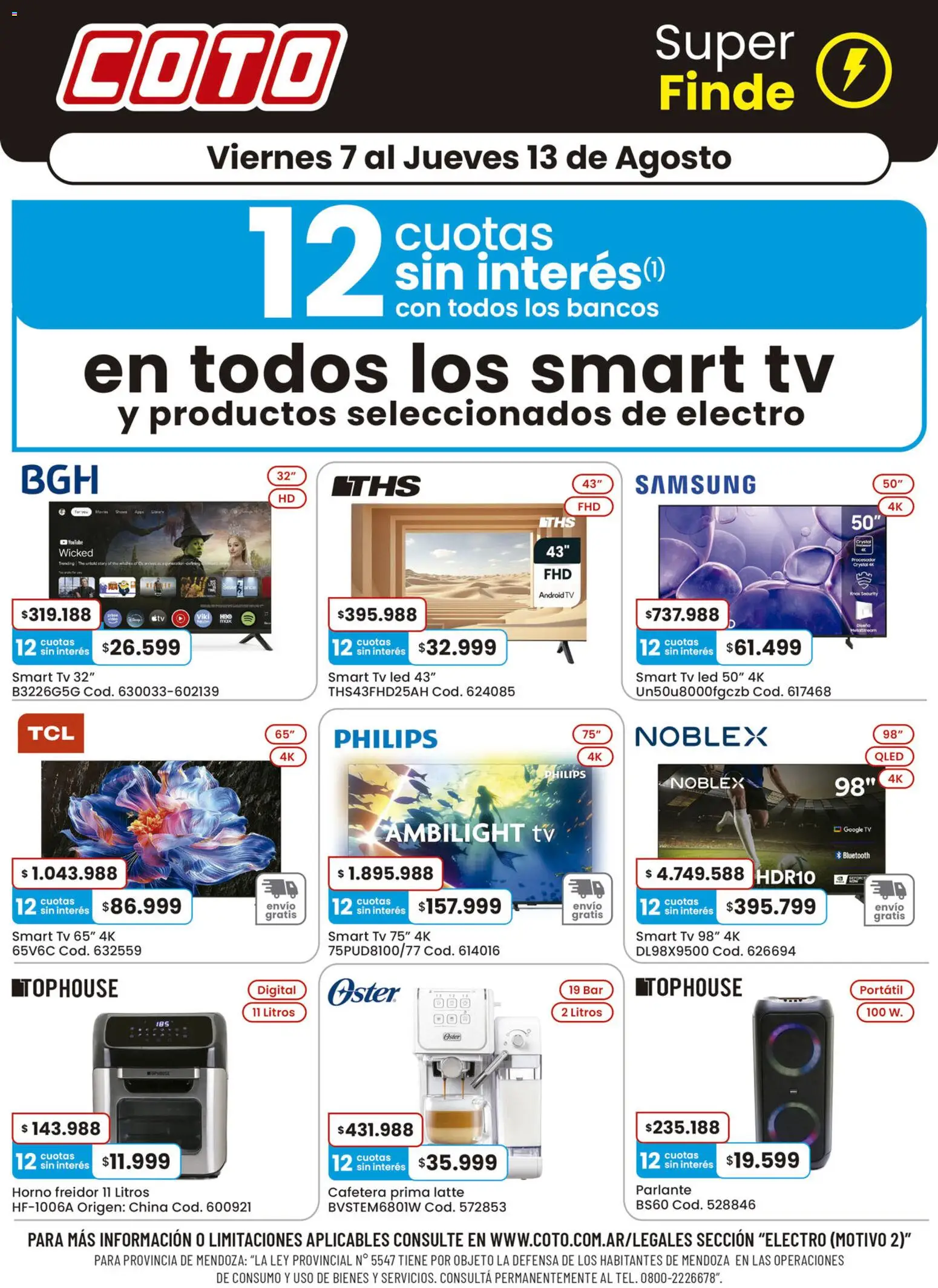 Coto ofertas electro │ válido desde el 07/08/2026 | Página: 1 | Productos: Televisión, Horno, Cafetera, Parlante