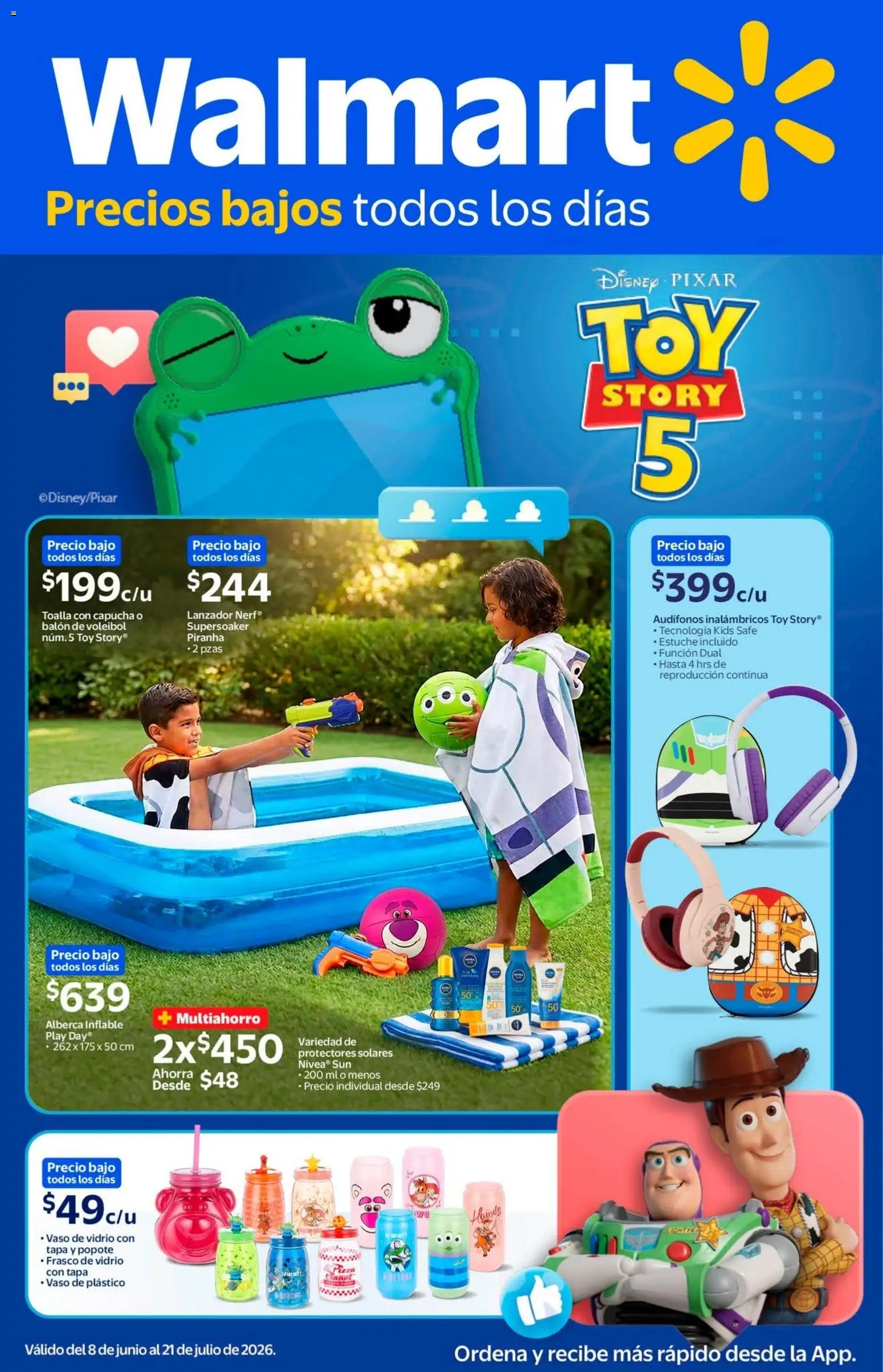 Nuevas ofertas de Walmart válidas en toda la República Mexicana desde el 08.06.2026. ¡Encuentra las mejores ofertas en Walmart folleto Toy Story! | Página: 1 | Productos: Frasco, Estuche, Audífonos, Toalla