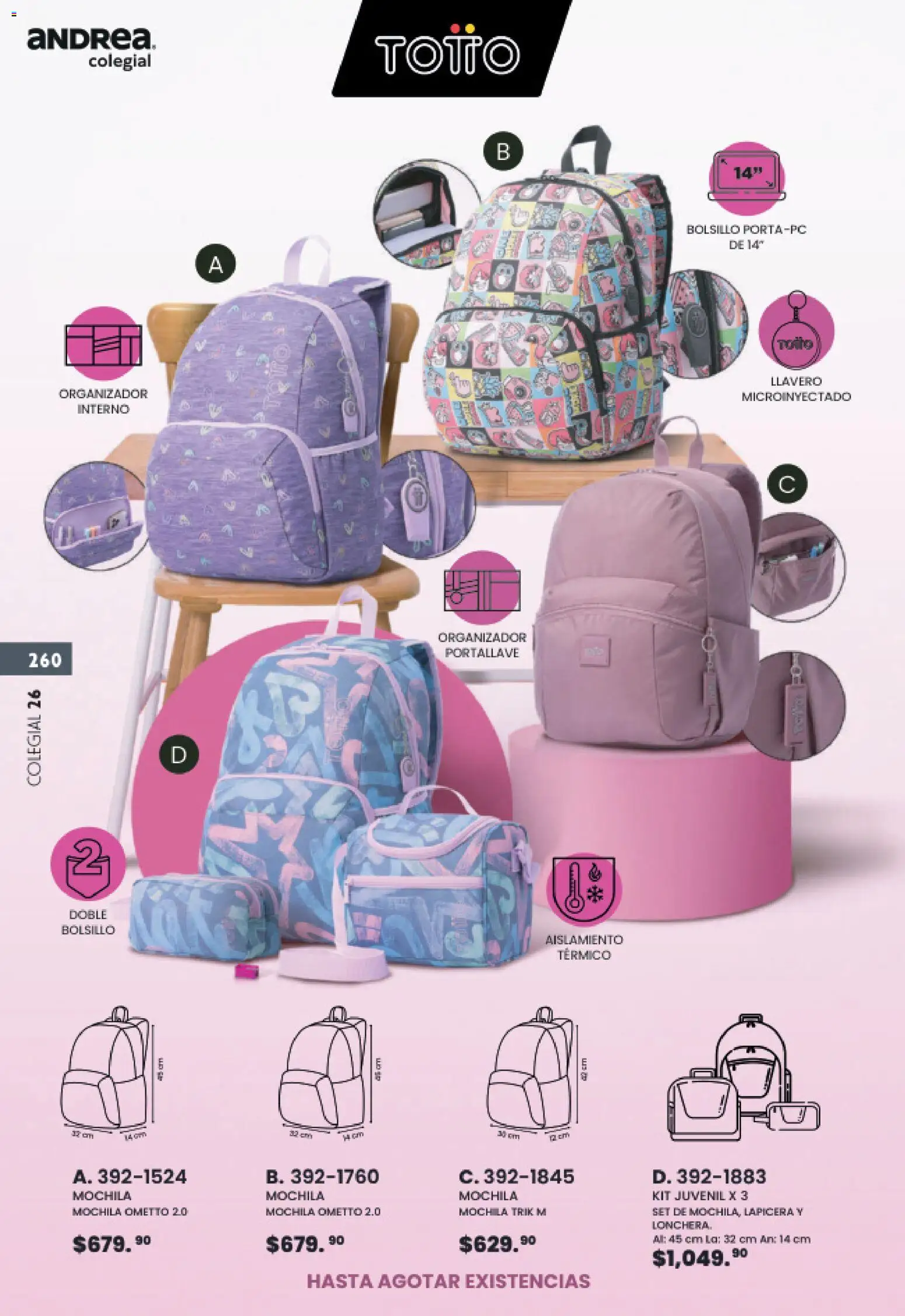 Nuevas ofertas de Andrea válidas en toda la República Mexicana desde el 23/05/2026. ¡Encuentra las mejores ofertas en Andrea catálogo Colegial! | Página: 260 | Productos: Llavero, Mochila, Organizador