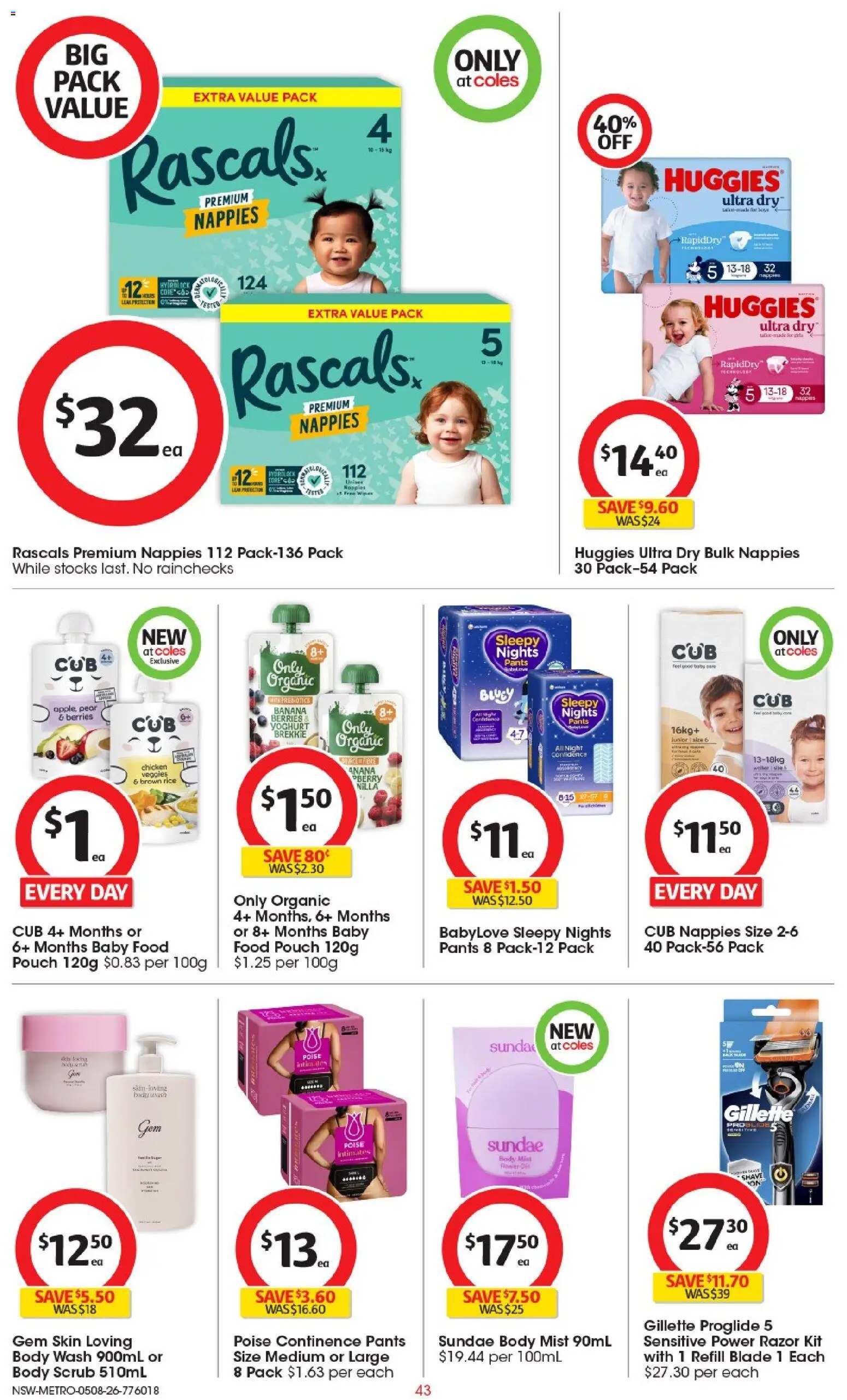 Coles catalogue - valid from 04/08/2026 | Page: 43 | Products: Scrub, Chicken, Rice, Baby food