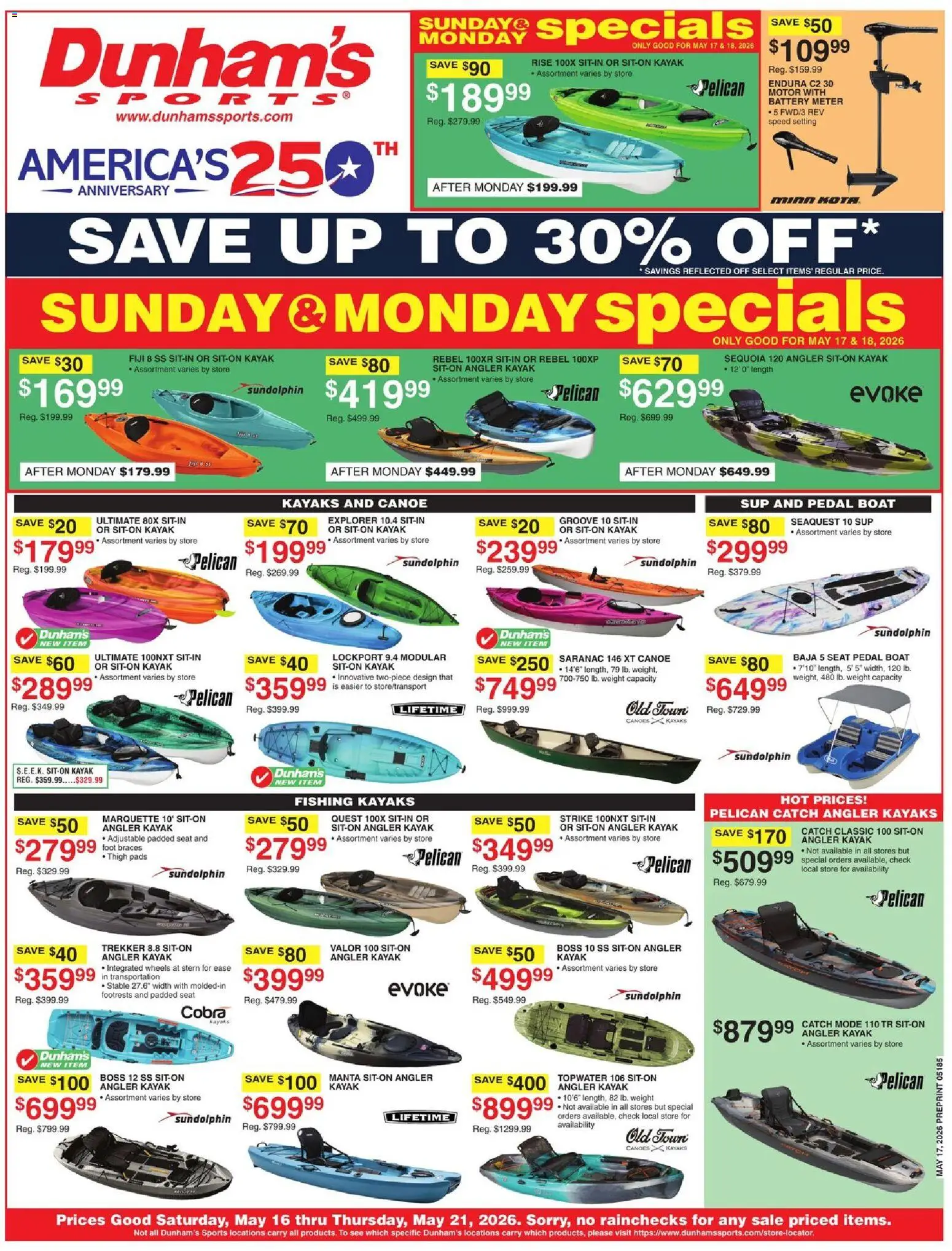 Dunham's Sports Weekly Ad - valid from 16.05.2026 | Page: 1 | Products: Battery, Kayak, Pads, Weight