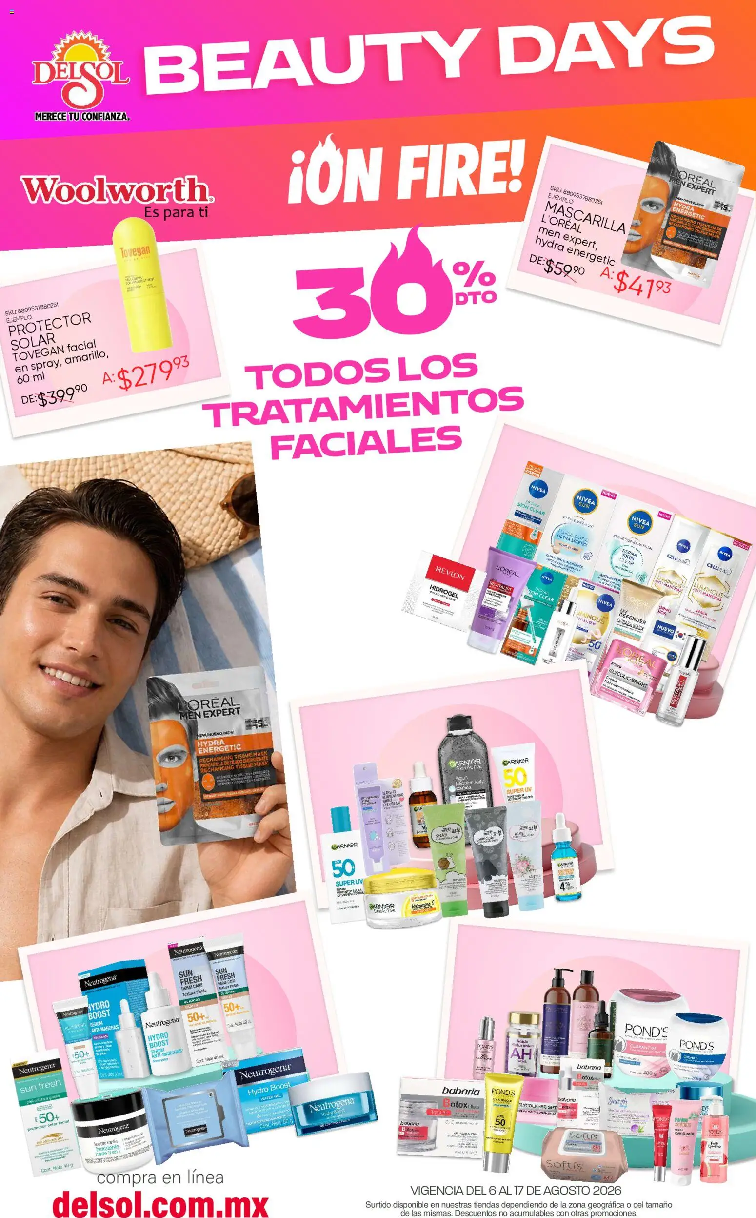Nuevas ofertas de Del Sol y Woolworth válidas en toda la República Mexicana desde el 06/08/2026. ¡Encuentra las mejores ofertas en Del Sol y Woolworth katalog Beauty Days On Fire! | Página: 4 | Productos: Serum, Crema, Mascarilla, Protector solar