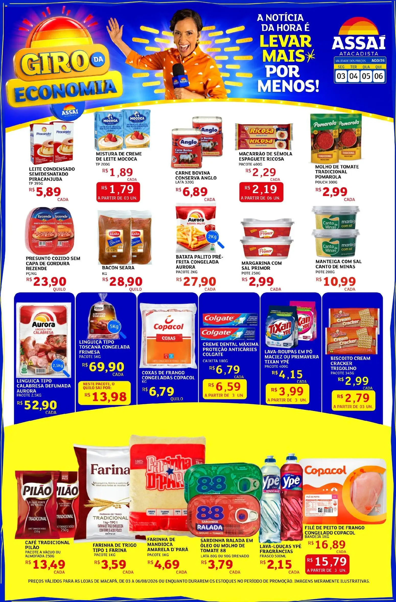 Assaí Atacadista Folheto - válido de 03/08/2026 | Página: 1 | Produtos: Espaguete, Pó, Sardinha, Peito de frango