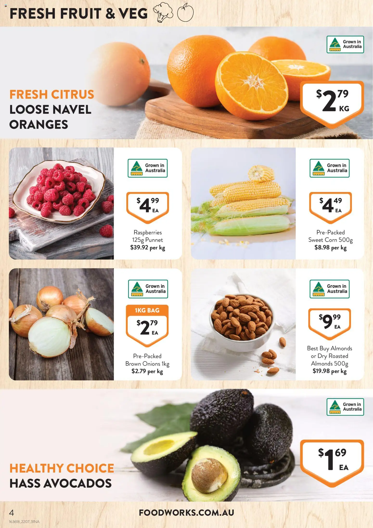 Foodworks catalogue - valid from 22/07/2026 | Page: 4 | Products: Almonds, Oranges, Onions, Bag