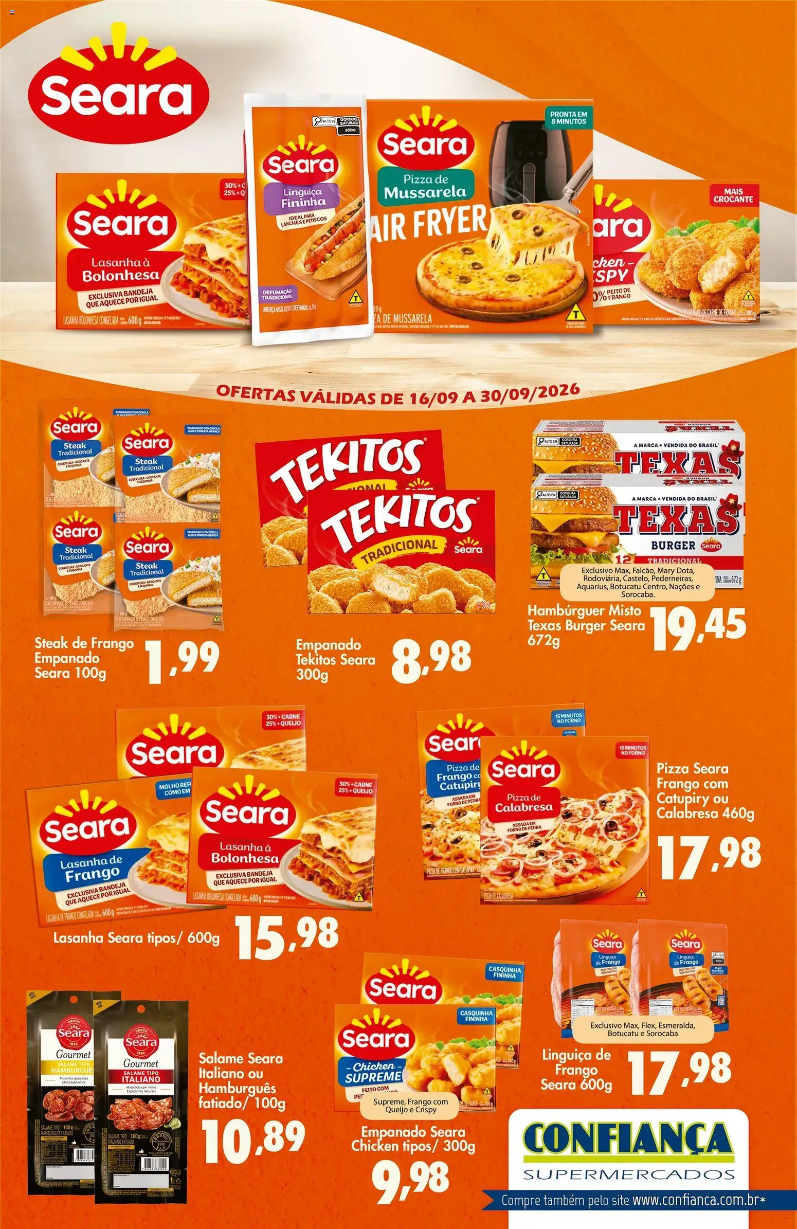 Confiança Folheto - válido de 16/09/2026 | Página: 1 | Produtos: Linguiça, Pizza, Carne, Bandeja