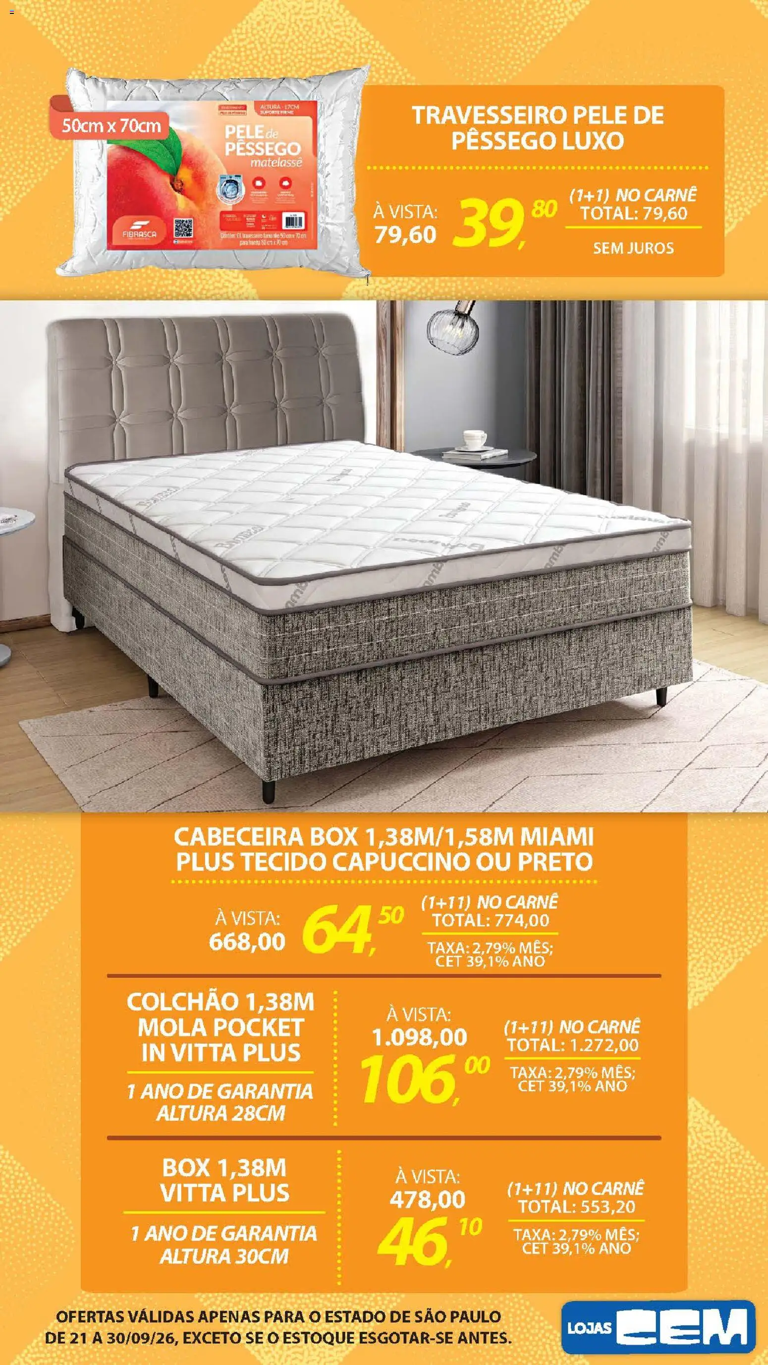 Lojas Cem Folheto - válido de 21/09/2026 | Página: 23 | Produtos: Pêssego, Travesseiro, Colchão, Tecido