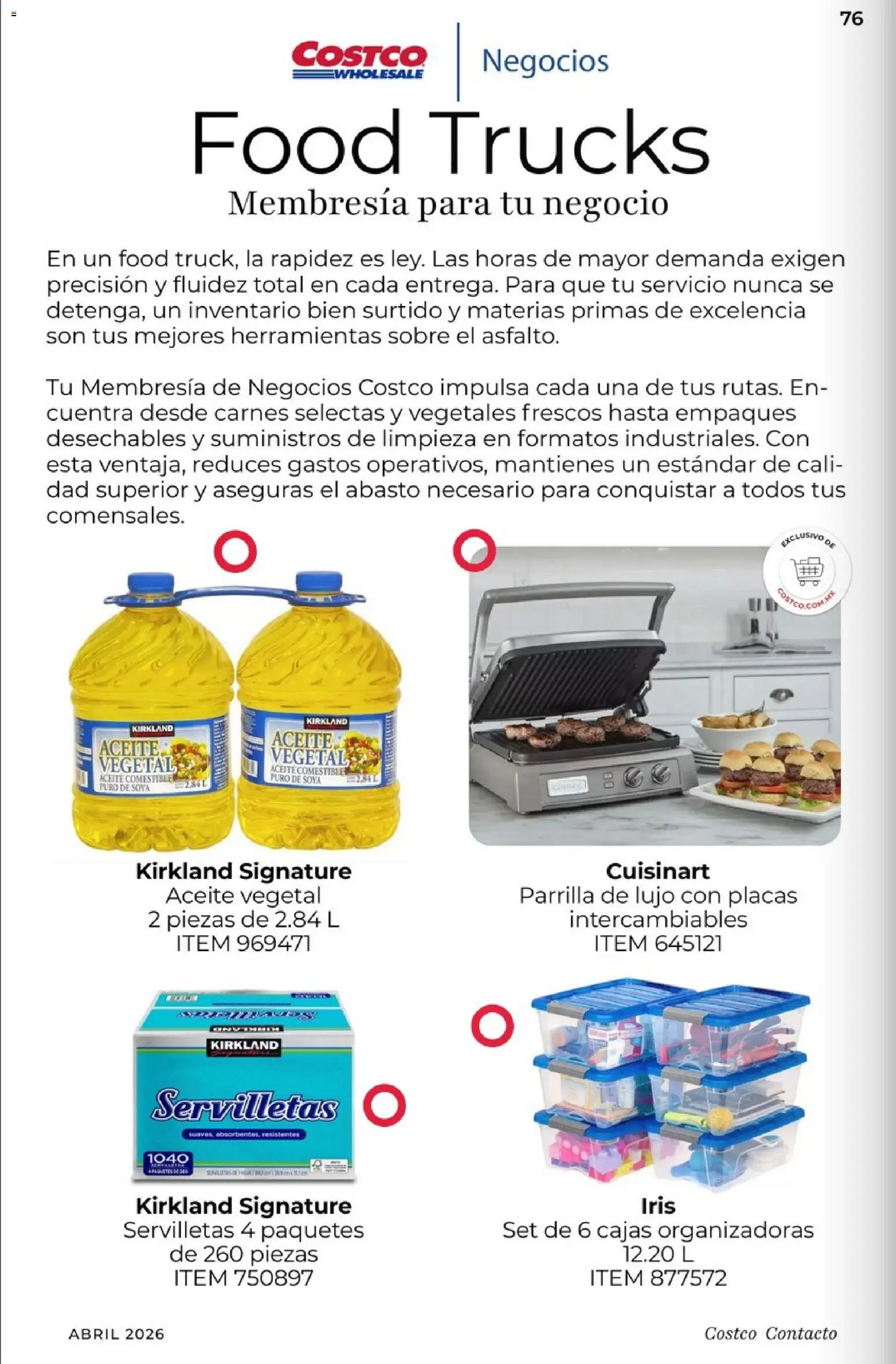 Nuevas ofertas de Costco válidas en toda la República Mexicana desde el 01.04.2026. ¡Encuentra las mejores ofertas en Costco Revista Abril 2026! | Página: 76 | Productos: Aceite, Parrilla, Servilletas, Sobre