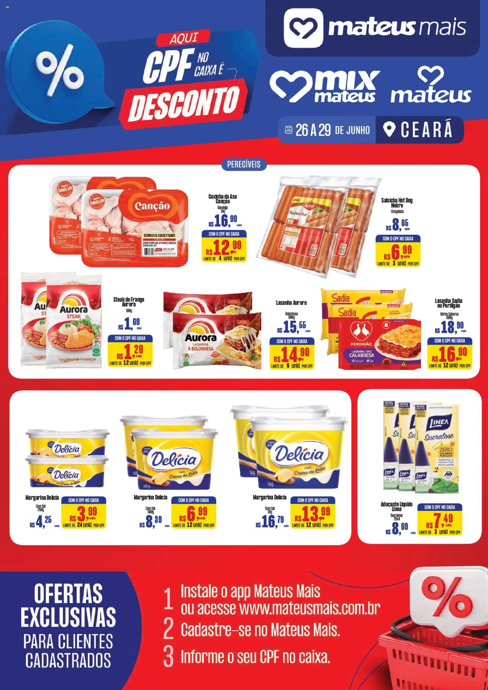 Mateus Folheto - válido de 26/06/2026 | Página: 1 | Produtos: Salsicha, Leite, Bandeja, Frango