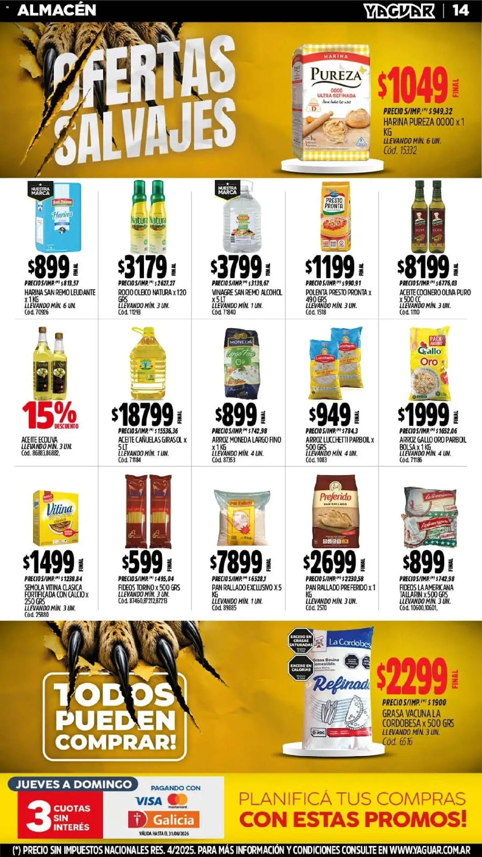 Yaguar - Oferta Semanal Jujuy │ válido desde el 03/08/2026 | Página: 14 | Productos: Polenta, Pan, Arroz, Fideos